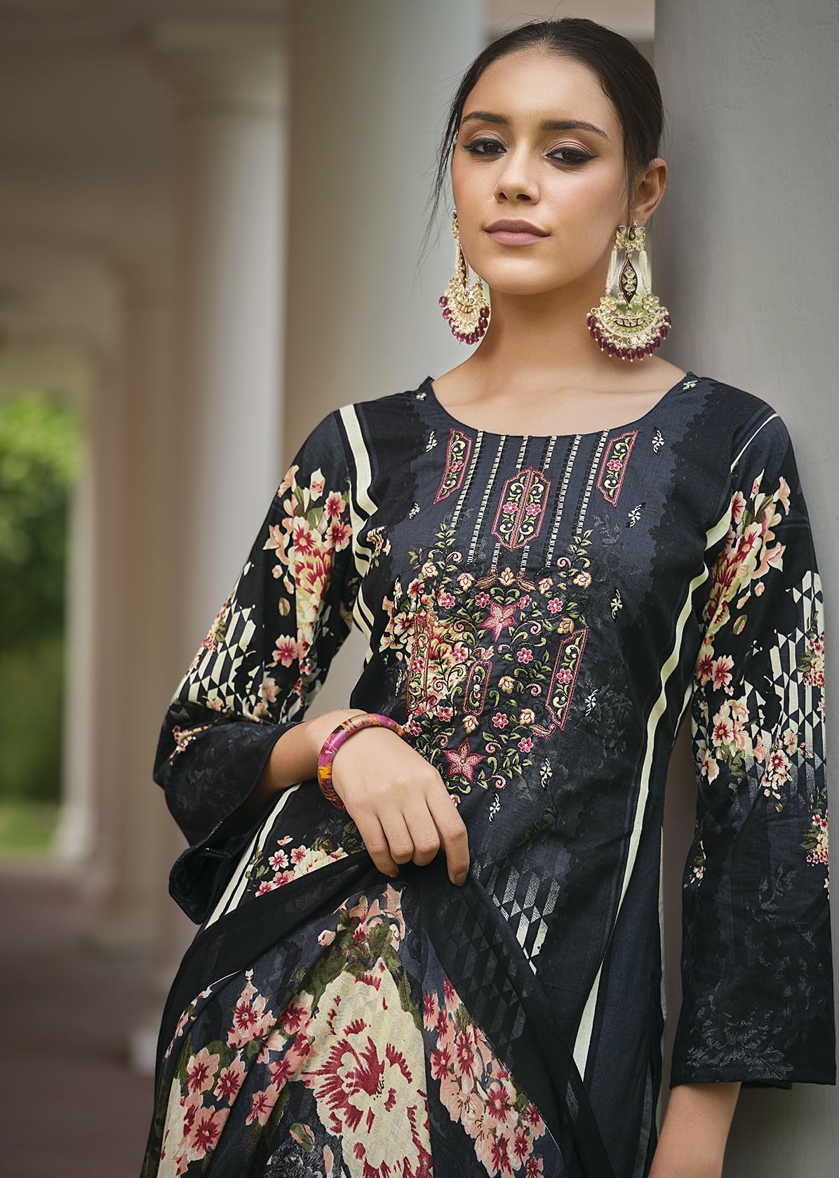 DRAVINAM Trends Unstitched Pakistani Print Embroidered Cotton Salwar Suit Dress Materials with Dupatta