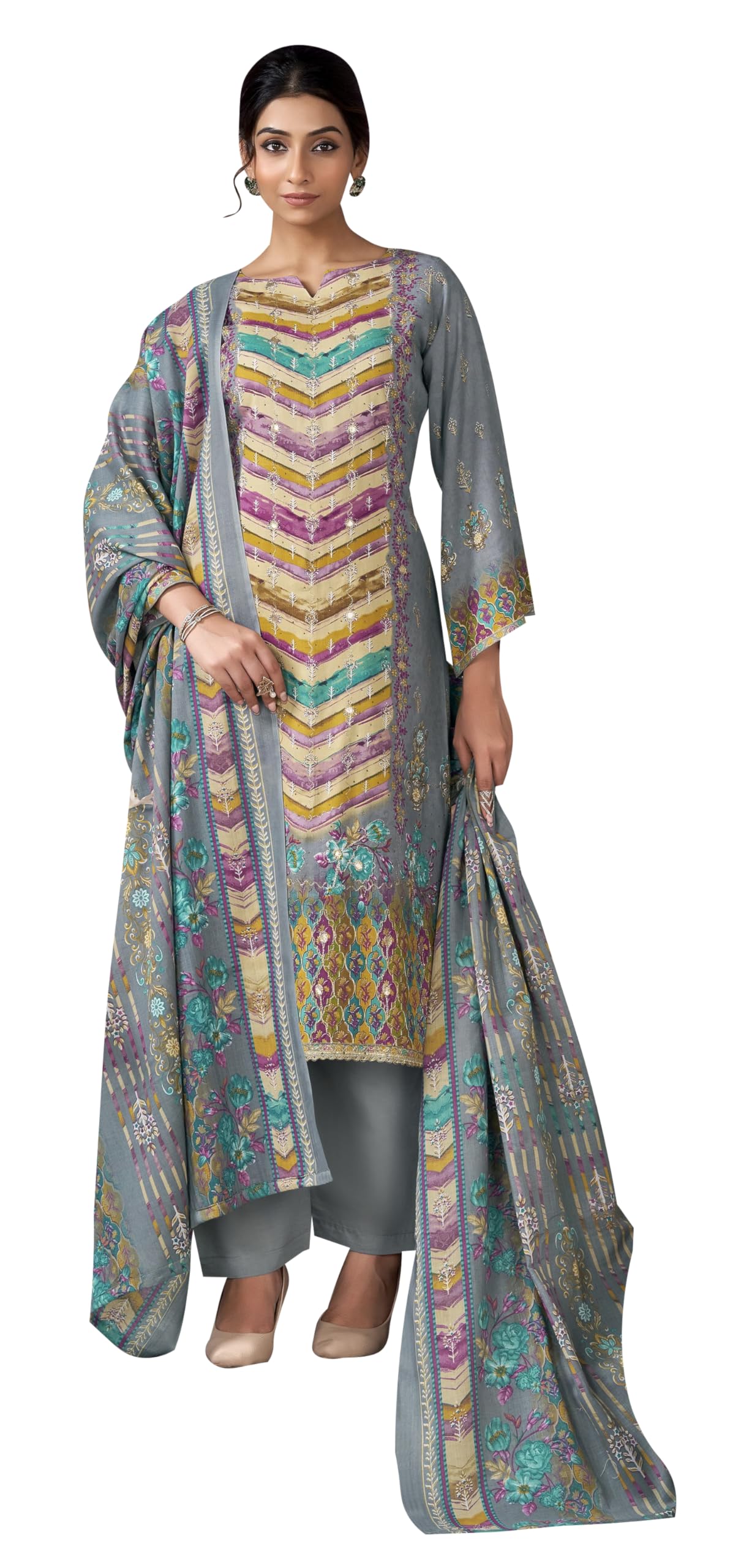 DRAVINAM Trends Women’s Ethnic Suit (Stitched, 3-Piece Set)– Heavy Viscose Rayon Designer Kurta with Heavy Handwork (2.5 m), Cotton Mal Mal Printed Dupatta (2.3 m), Bottom (3 m) (GOLDENROD, XL)