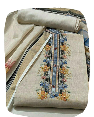 DRAVINAM Trends Women's Tissue Silk Embroidered Unstitched Suit Set with Shantoon Bottom & Dupatta