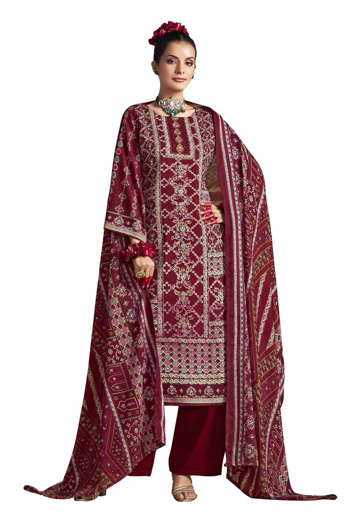 DRAVINAM Trends Women's Unstitched Rayon Salwar Suit Dress Material – Heavy Viscose Printed Top with Handwork II Pure Viscose Plain Bottom II Pure Cotton Mal Mal Printed Dupatta