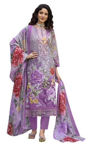 DRAVINAM Trends Women's Pure Cotton Digital Printed Suit with Exclusive Heavy Self-Embroidery Neck & Organza Daman Embroidery | Mal Mal Cotton Printed Dupatta & Bottom – Ready to Wear (OLIVE, XXL)