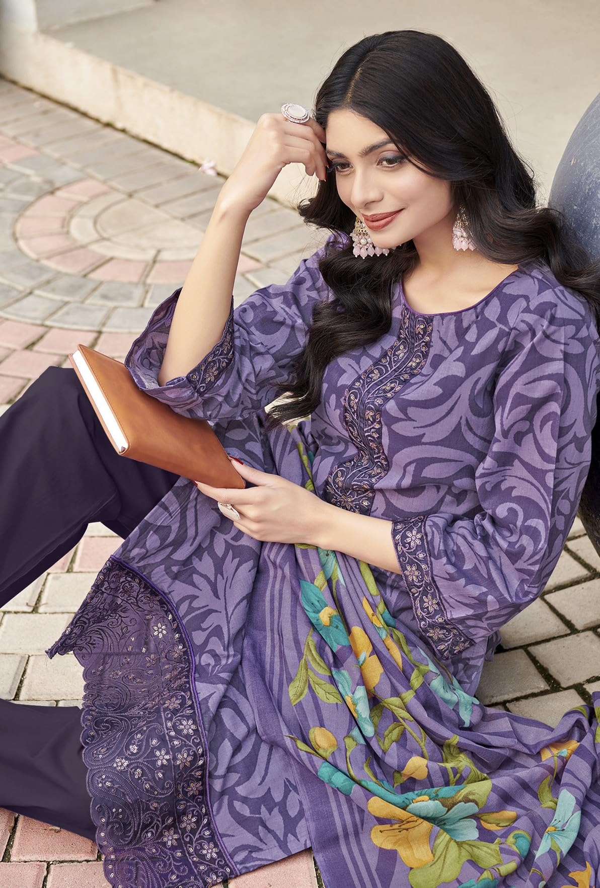 DRAVINAM Trends Kurti 2.50 mtrs,Pure Cotton Solid (2.7 m), Pure Cotton Mal Mal Print Dupatta (2.25 m)|Brown