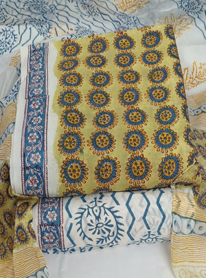 DRAVINAM Trends Hand Block Print Cambric Cotton Unstitched Salwar Suit Set for Women with Pure Chiffon Hand Printed Dupatta