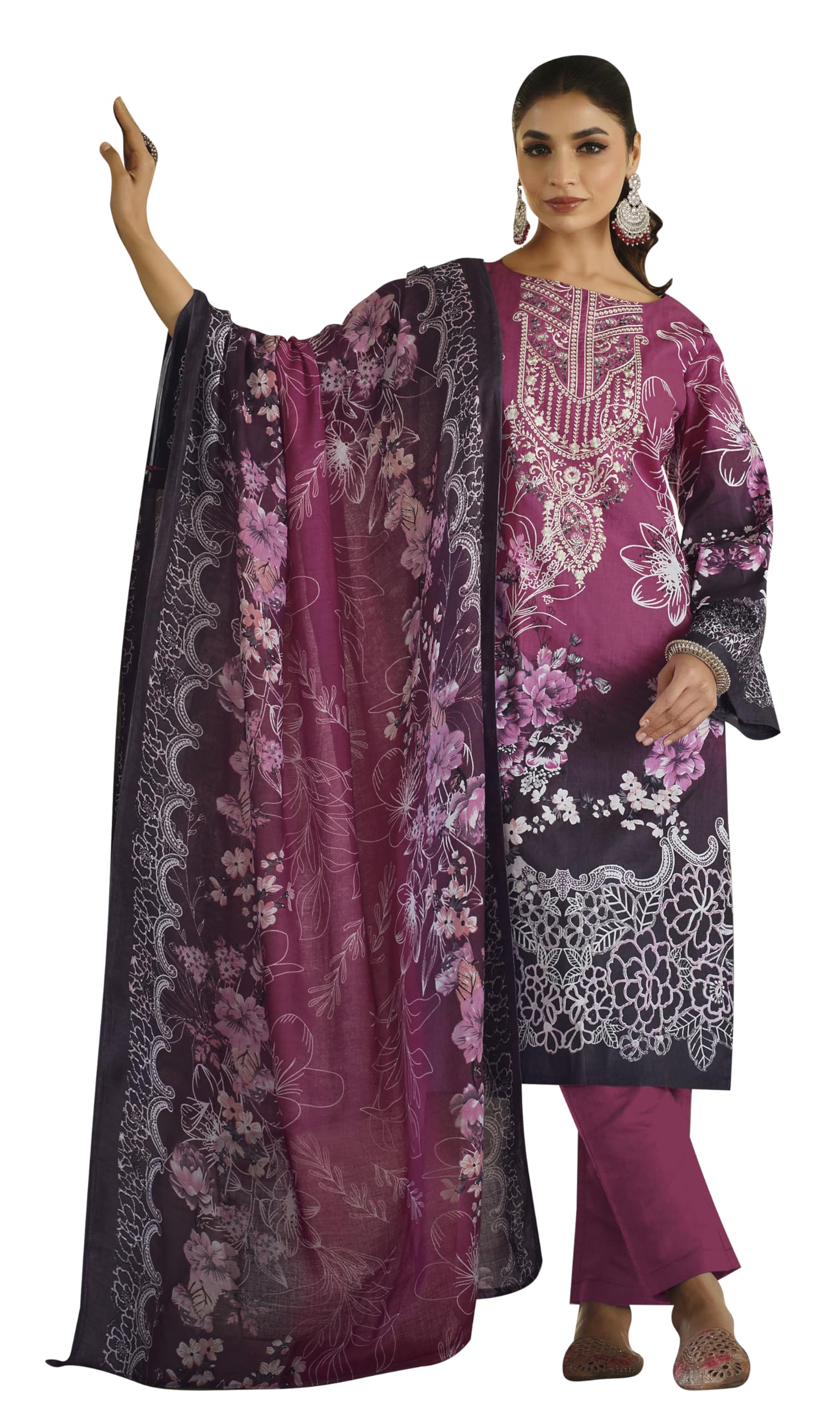 DRAVINAM Trends Women's Stitched Digital Style Print Embroidered Pure Cotton Kurta Pant Suit Set II Solid Pants II Printed Malmal Dupatta (XL / 42)