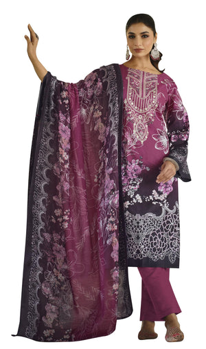 DRAVINAM Trends Women's Stitched Digital Style Print Embroidered Pure Cotton Kurta Pant Suit Set II Solid Pants II Printed Malmal Dupatta (XL / 42)
