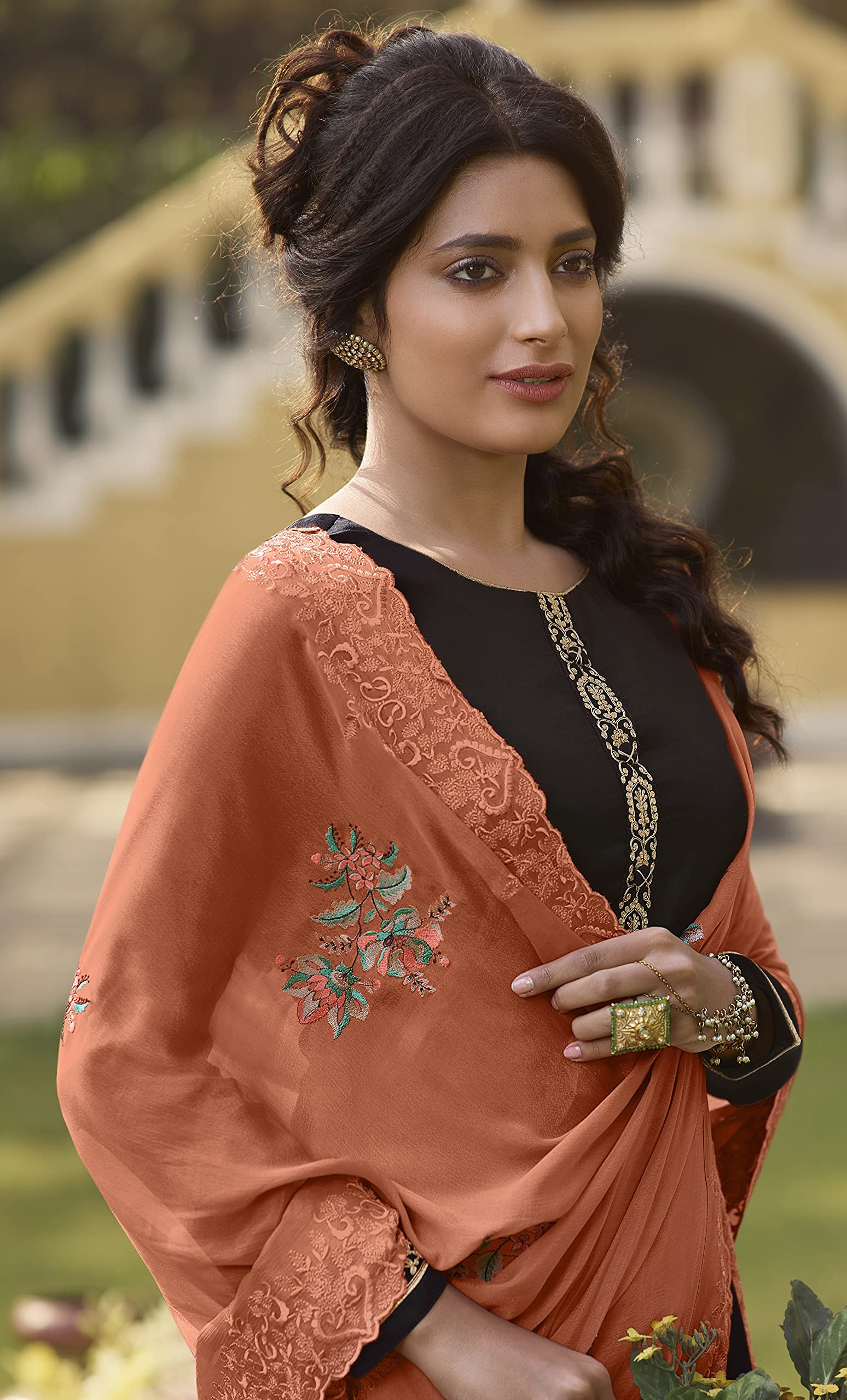 DRAVINAM Trends Women's Pure Tassar Silk Embroidered Palazzo Suit Pakistani Dress Material with Chinon Chiffon Heavy Embroidered and Cutwork Dupatta (Beige Grey and Peach)