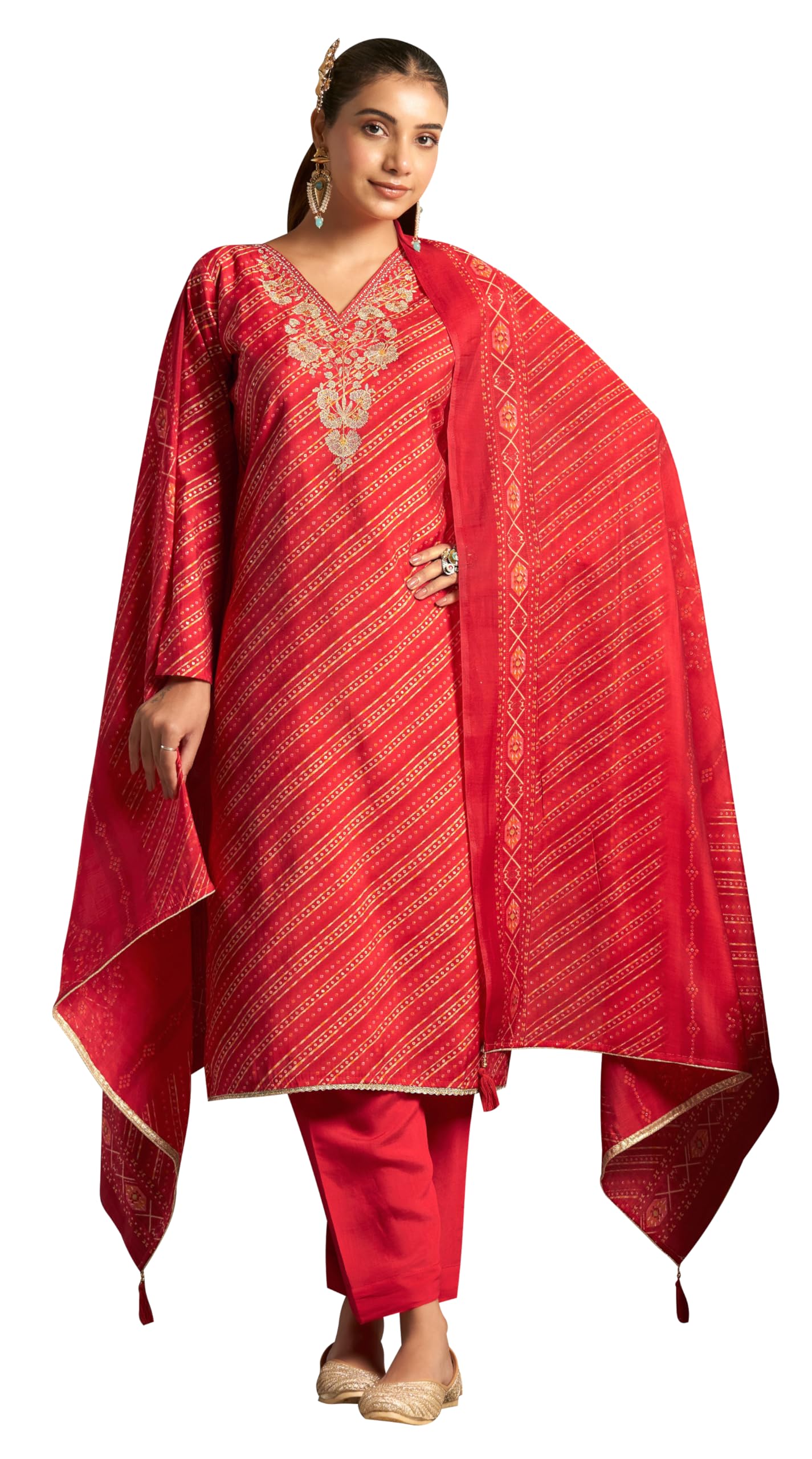 DRAVINAM Trends Women's Unstitched Silk Suit - Modal Silk Discharge Foil Print with Coding Embroidery Top || Solid Bottoms II Modal Silk Discharge Foil Print And Tussle Dupatta