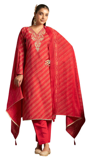 DRAVINAM Trends Women's Unstitched Silk Suit - Modal Silk Discharge Foil Print with Coding Embroidery Top || Solid Bottoms II Modal Silk Discharge Foil Print And Tussle Dupatta