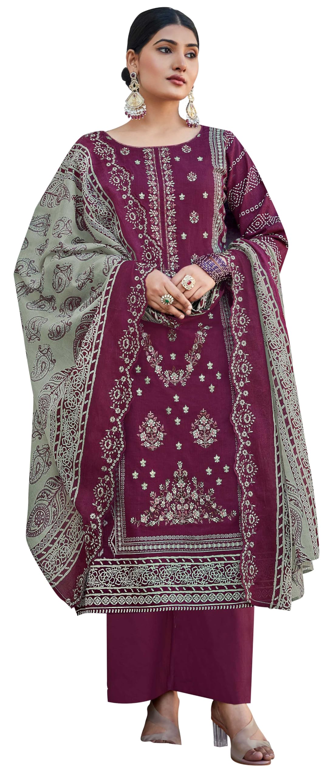 DRAVINAM Trends Women's Unstitched Pakistani Digital Print Embroidered Pure Cotton Salwar Suit Dress Materials with Cotton Digital Embroidered Cutwork Dupatta