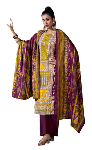 DRAVINAM Trends Women's Unstitched Embroidered Suit Dress Material - Heavy Viscose Rayon Printed Top with Fancy Hand Embroidery (2.5m), Rayon Bottom (2.8m), Cotton Dupatta (2.25m)