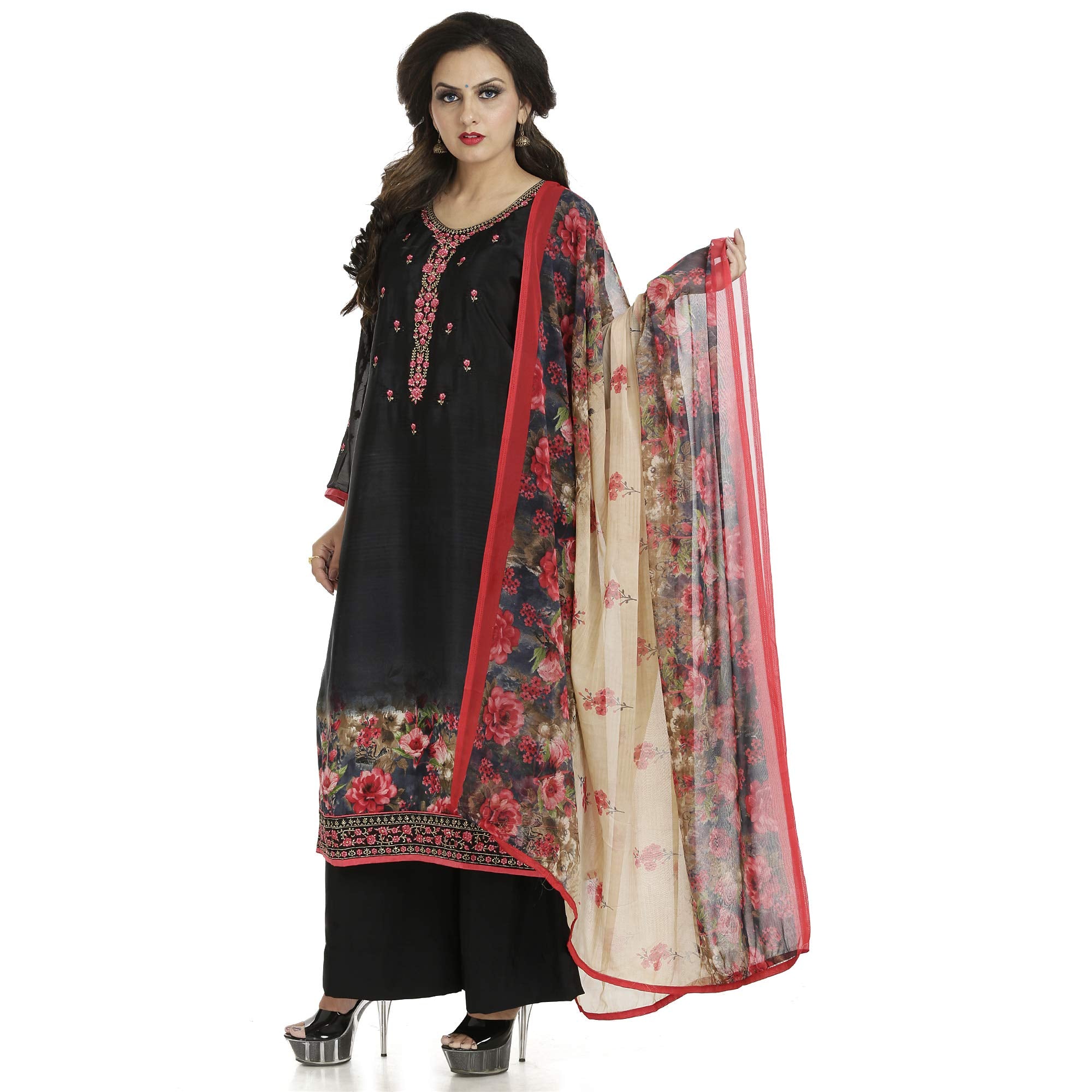 DRAVINAM Trends Women's Embroidered Pure Crepe Floral Printed Salwar Suit Dress Material with Printed Georgette Dupatta (Unstitched)