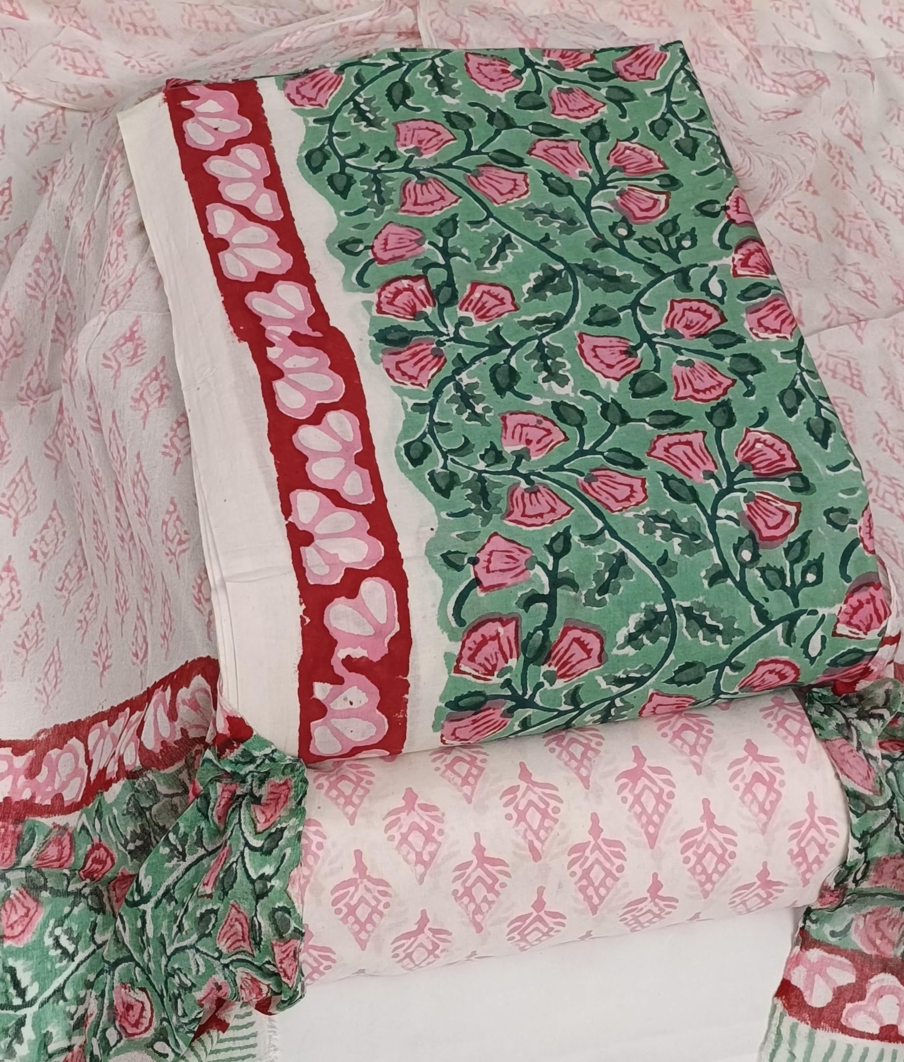 DRAVINAM Trends Hand Block Print Pure Cambric Cotton Unstitched Suit Material with Chiffon Hand Printed Dupatta