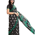 DRAVINAM Trends Women's Pure Cotton Printed Saree with Pum Pum Lace and Blouse Piece (Grey and Green)