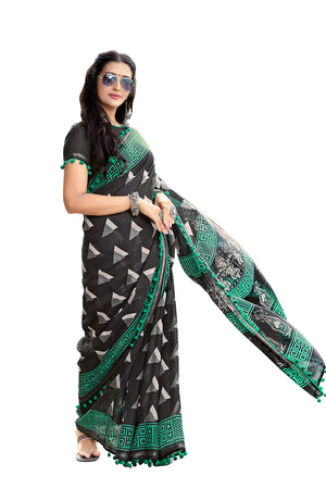 DRAVINAM Trends Women's Cotton Printed Saree with Pum Pum Lace and Blouse Piece (Red)