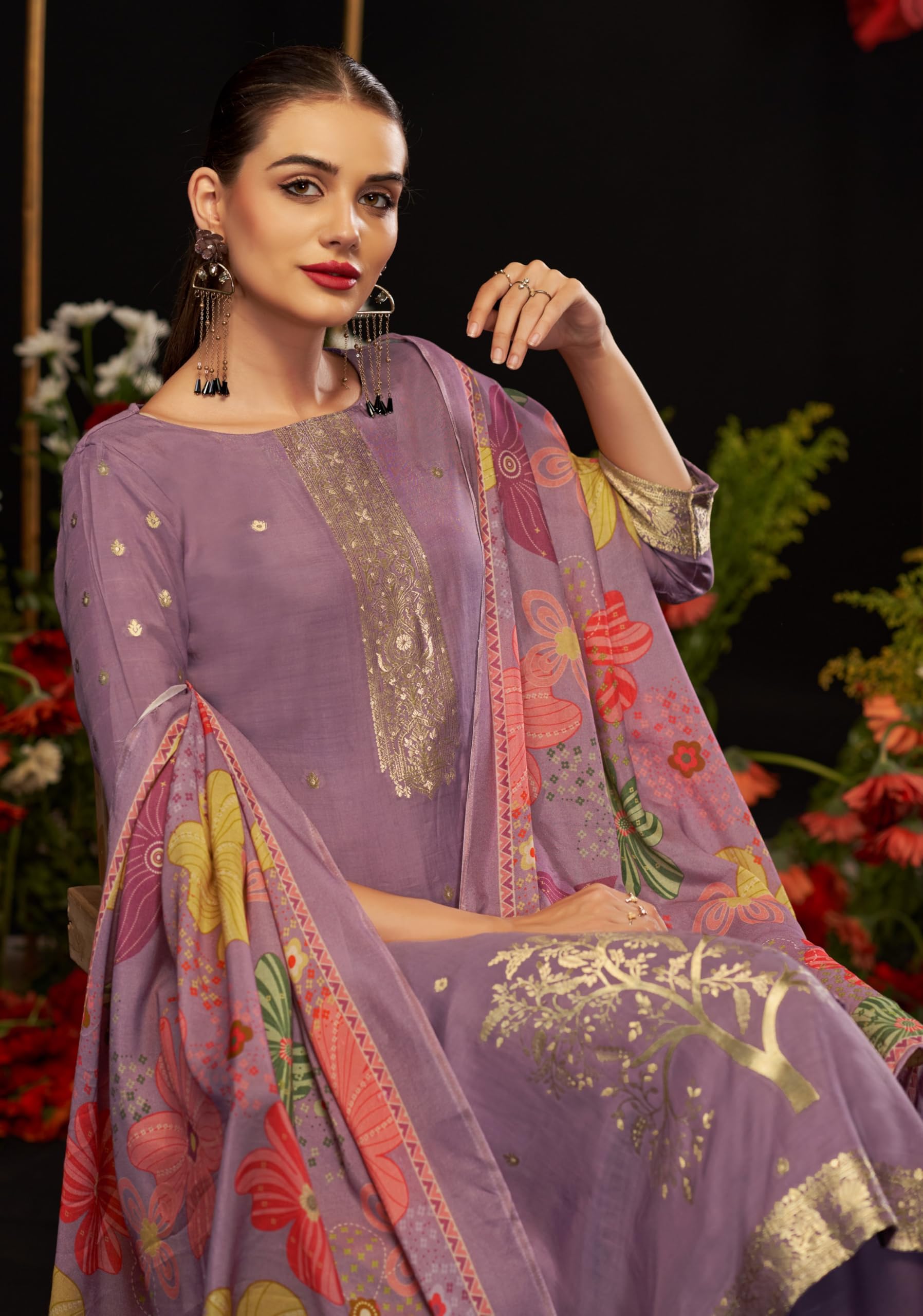 DRAVINAM Trends Women's Unstitched Maslin Salwar Suit Dress Material - Pure Bemberg Maslin Jacquard Kameez II Pure Jam Unstitch Bottoms II Viscose Maslin Digital Prints Dupatta