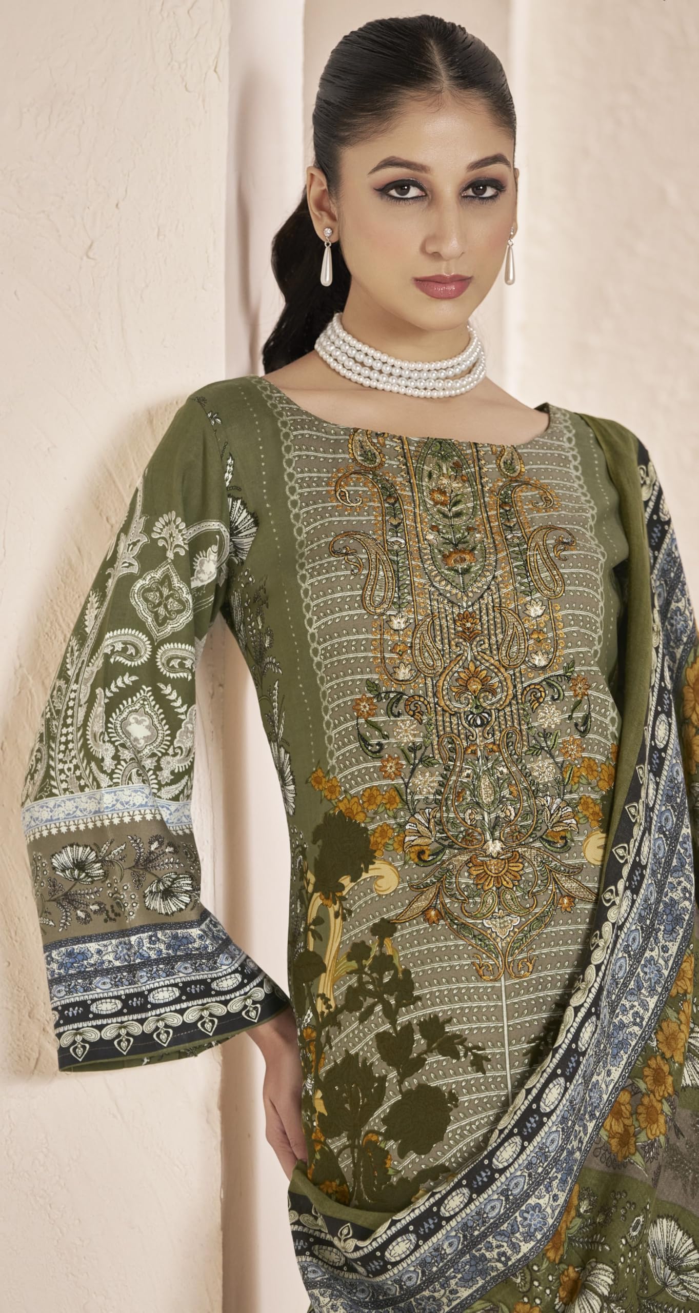 DRAVINAM Trends Pure Viscose Pashmina Unstitched Winter wear Three Piece Dress Material Set with Heavy Embroidery Work – Top, Shawl Dupatta and Bottom
