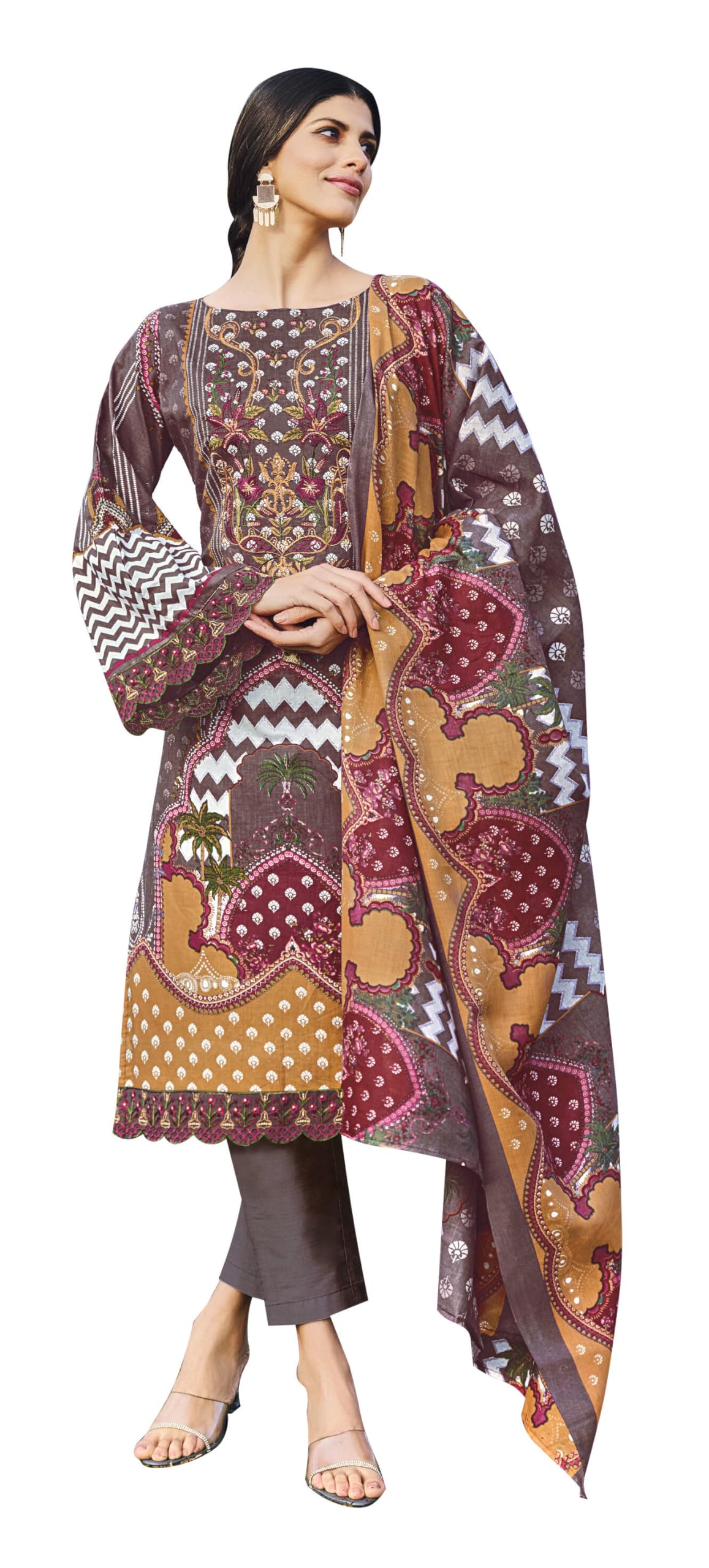 DRAVINAM Trends Unstitched Pakistani Print Embroidered Cotton Salwar Suit Dress Materials with Dupatta