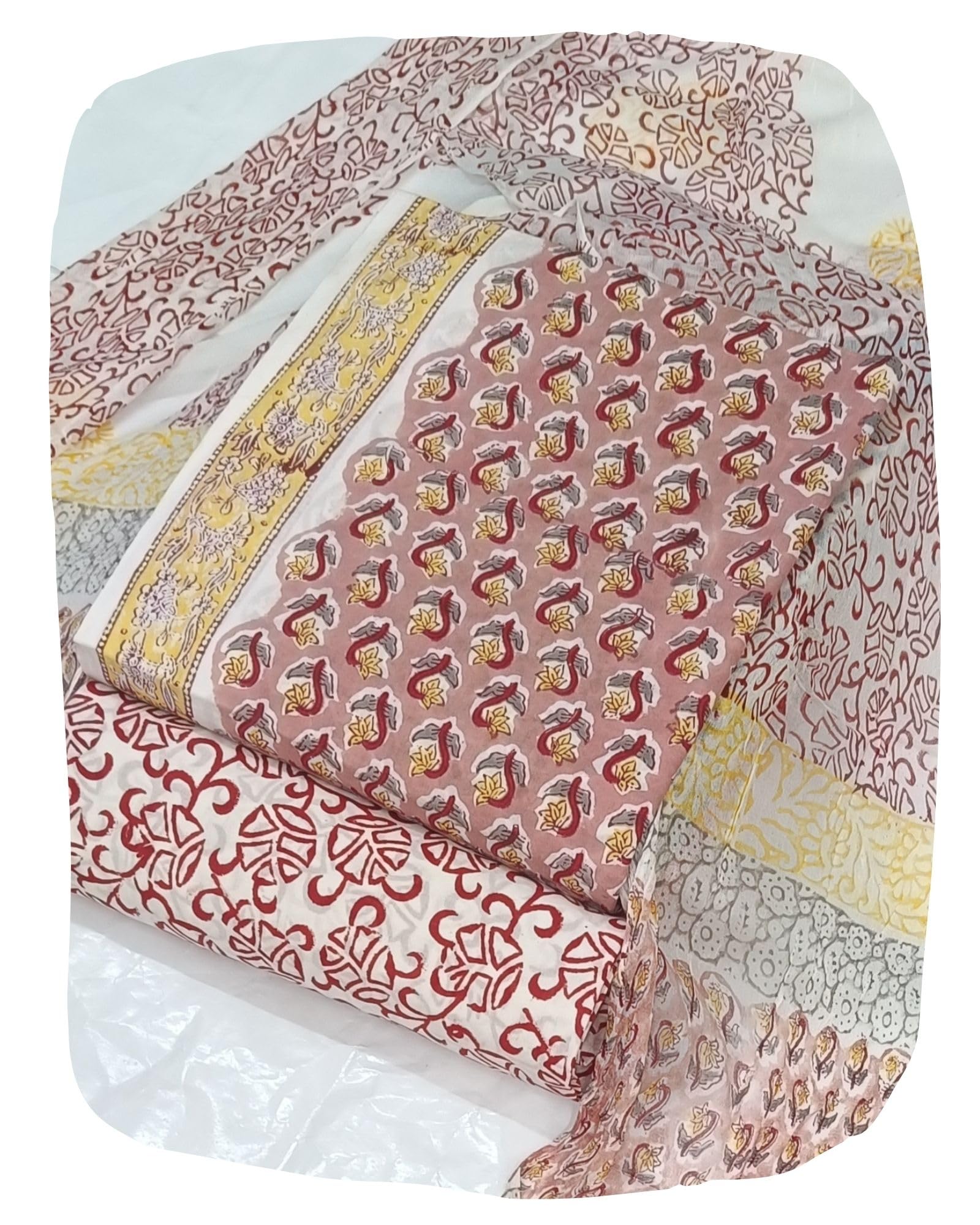 DRAVINAM Trends Hand Block Print Cambric Cotton Unstitched Salwar Suit Set for Women with Pure Chiffon Hand Printed Dupatta