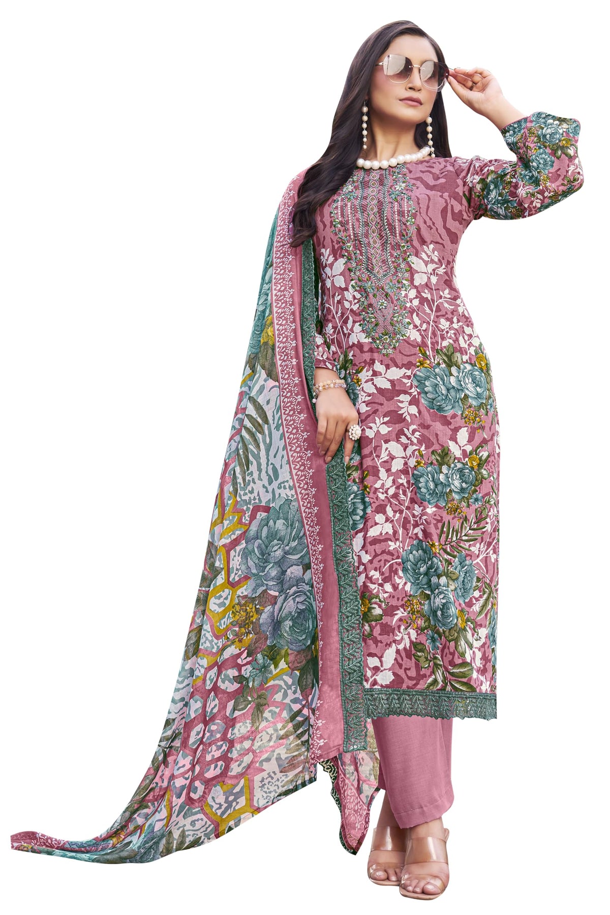 DRAVINAM Trends Pure Cambric Cotton Pakistani Embroidered Suit Dress Material with Unstitched Bottoms and Cotton Dupatta