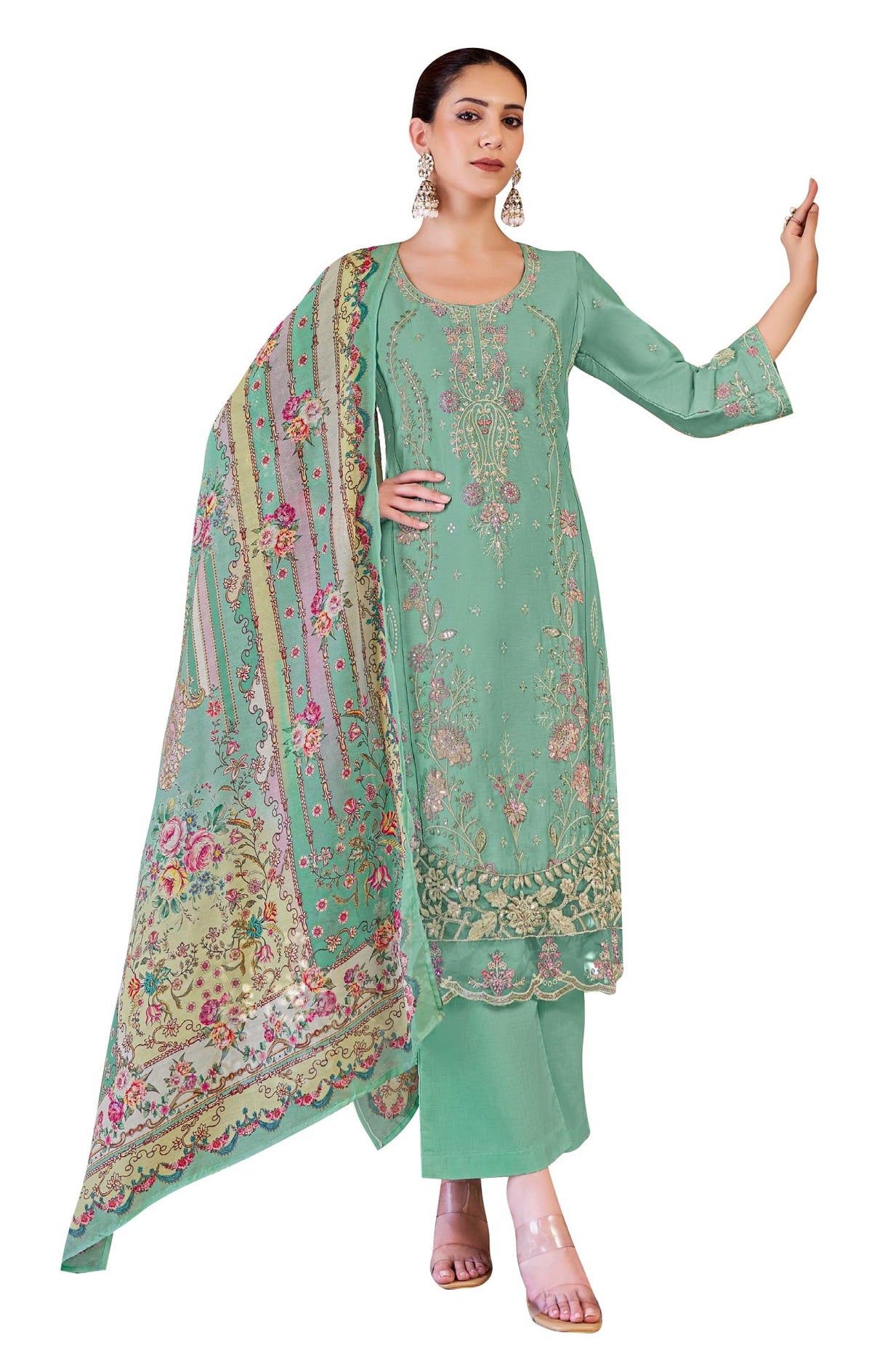 DRAVINAM Trends Kurti 2.50 mtrs,Pure Cotton Solid (2.7 m), Pure Cotton Mal Mal Print Dupatta (2.25 m)|Green