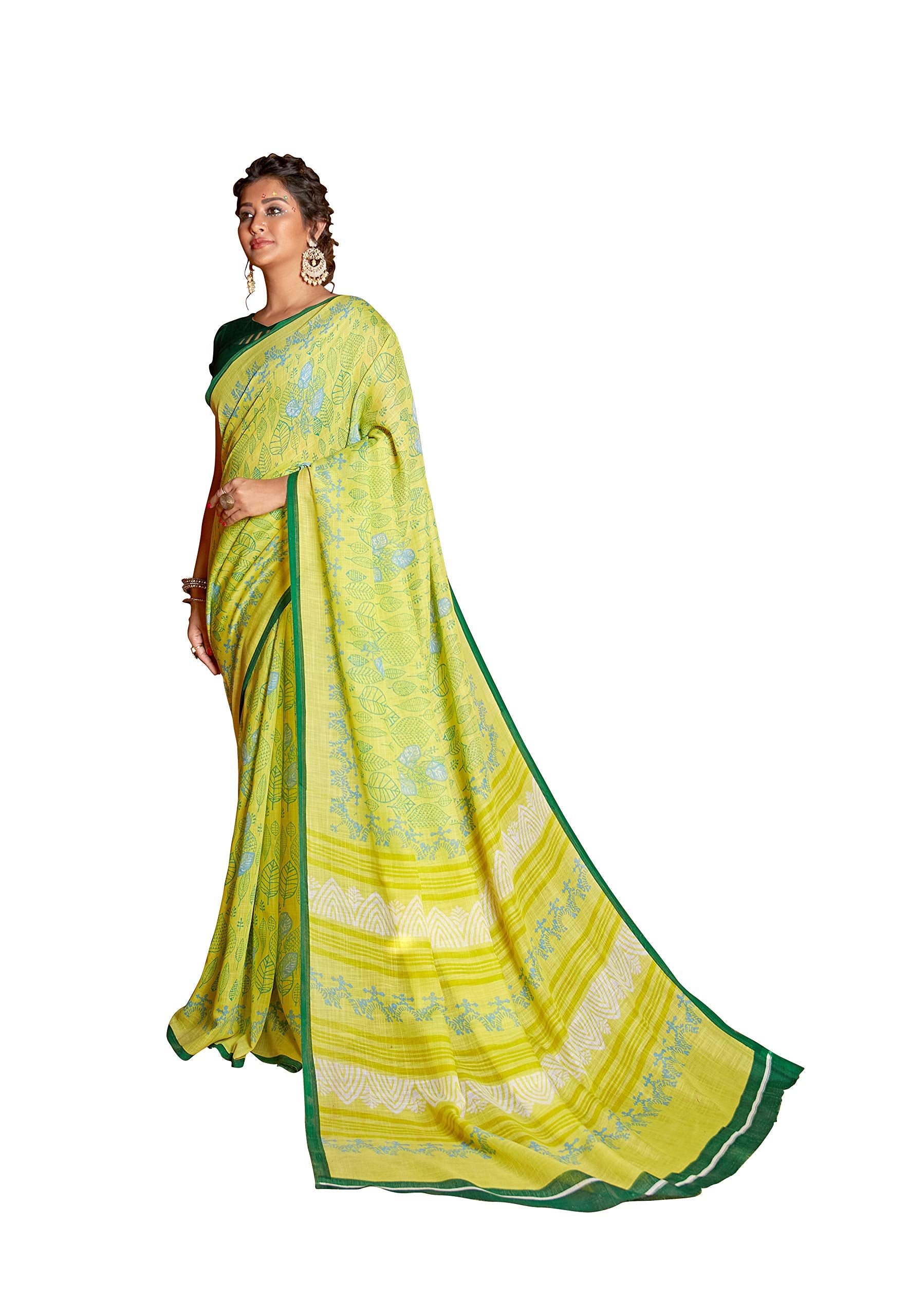 DRAVINAM Trends Women's Cotton Linen Printed Saree with Unstitched Blouse (Yellow)