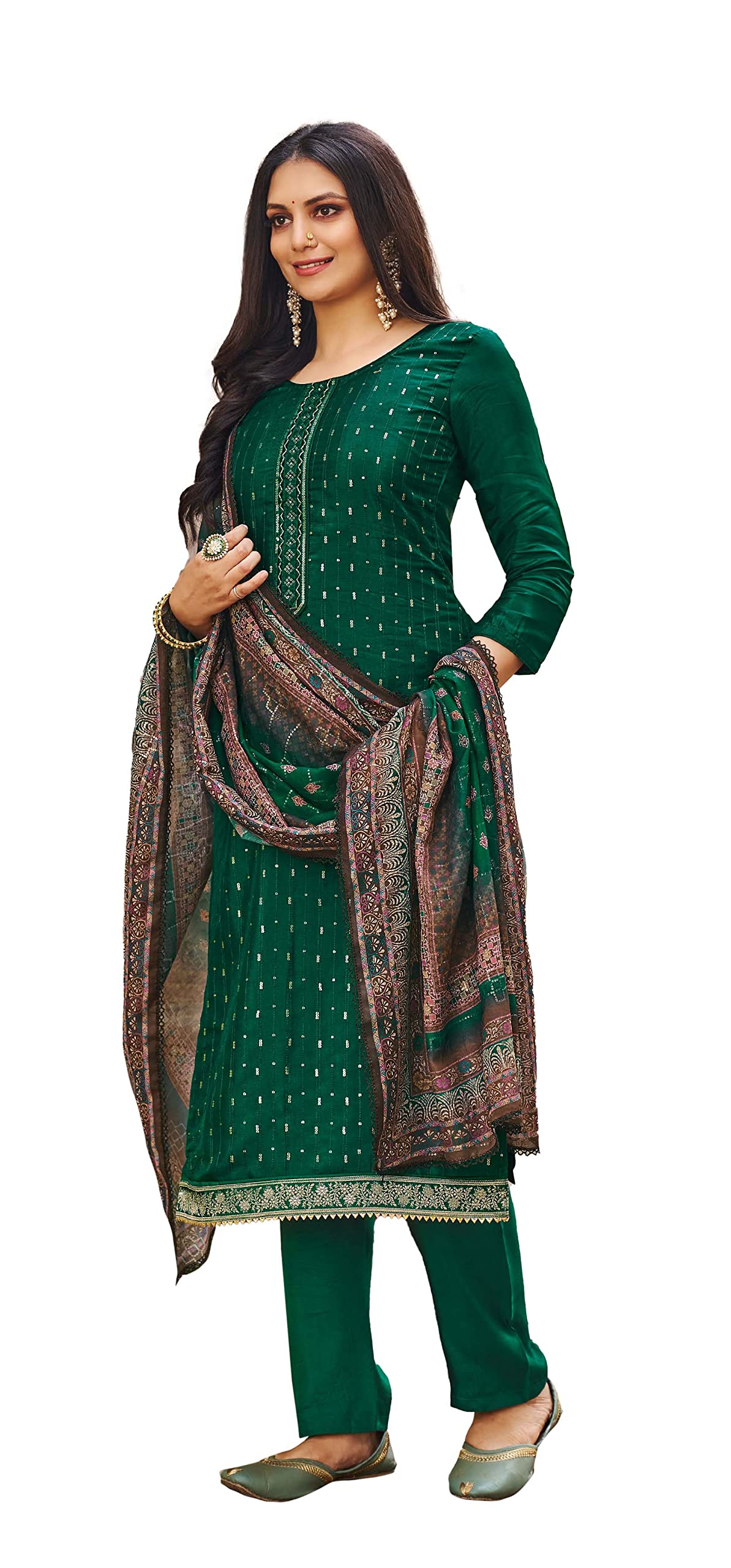 DRAVINAM Trends Women's Pure Viscose Upada Silk Sequence work Unstitched Salwar Suit Material with Pure Muslin Digital Print Sequence Dupatta (Free size_Bottle Green)