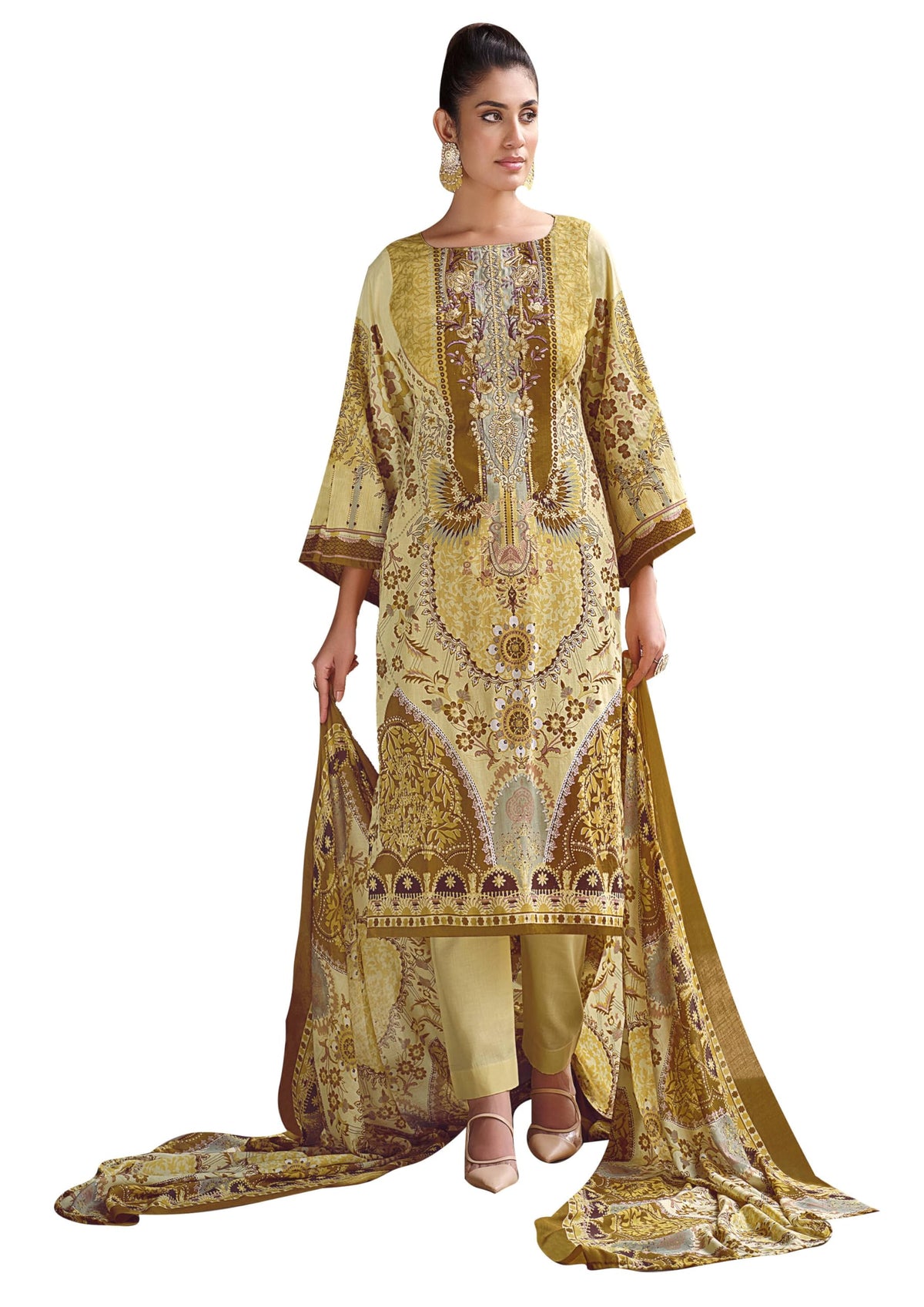 DRAVINAM Trends Unstitched Pakistani Print Embroidered Cotton Salwar Suit Dress Materials with Cotton Printed Dupatta (Beige)