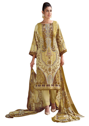 DRAVINAM Trends Unstitched Pakistani Print Embroidered Cotton Salwar Suit Dress Materials with Cotton Printed Dupatta (Beige)