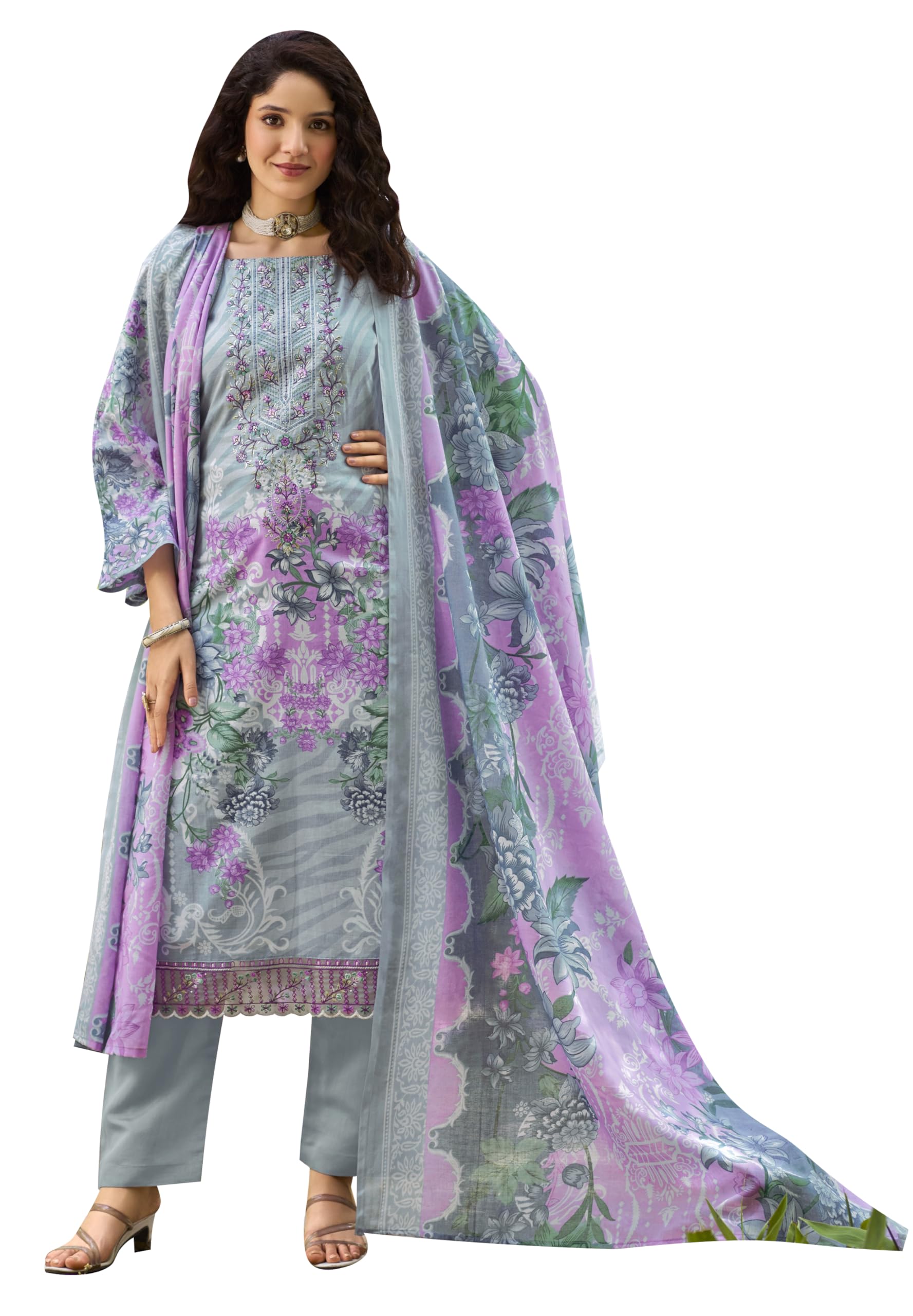 DRAVINAM Trends Women's Pure Cotton Digital Printed Suit with Exclusive Heavy Self-Embroidery Neck & Organza Daman Embroidery | Mal Mal Cotton Printed Dupatta & Bottom – Ready to Wear (OLIVE, XXL)