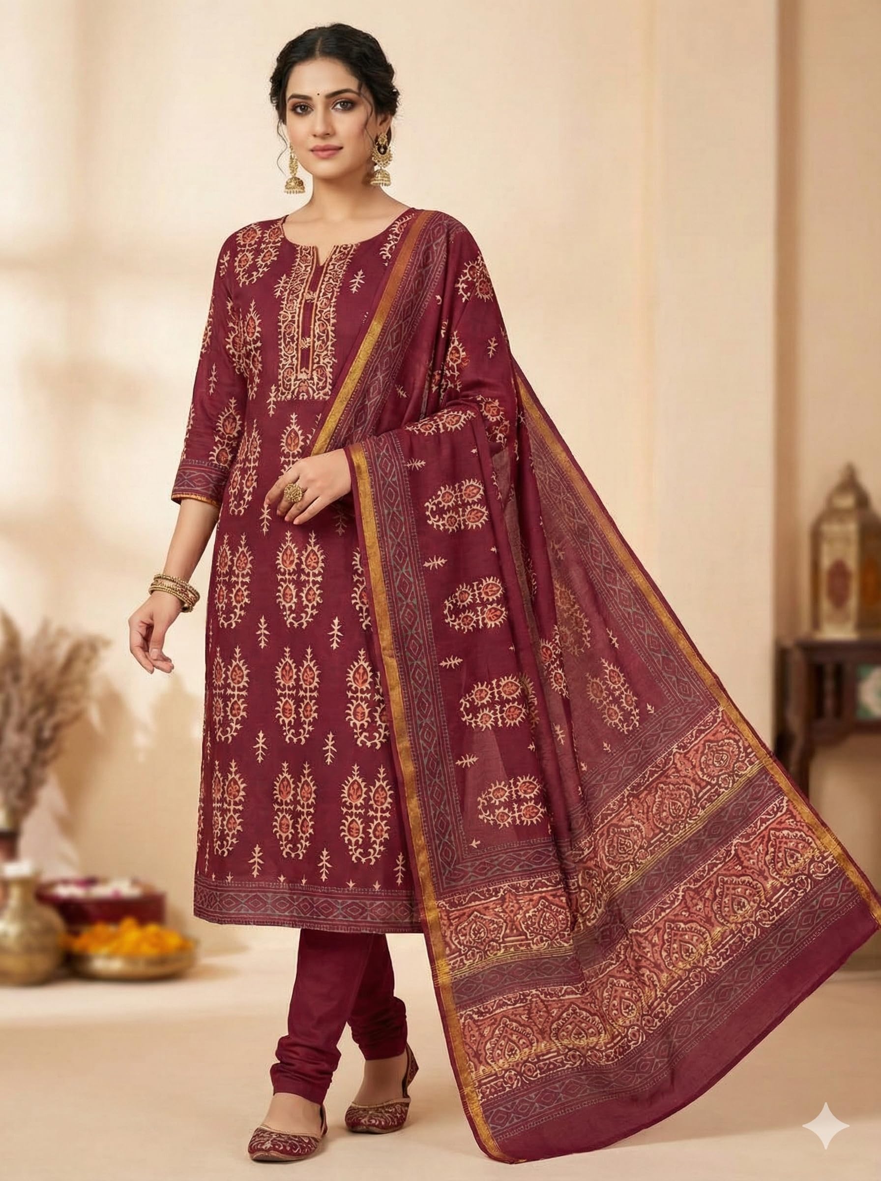 Women's Elegant Maroon Chanderi Block Printed Unstitched Salwar Suit Dress Material with Shantoon Bottom & Zari Border Dupatta