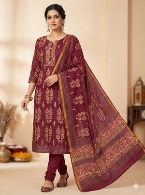 Women's Elegant Maroon Chanderi Block Printed Unstitched Salwar Suit Dress Material with Shantoon Bottom & Zari Border Dupatta