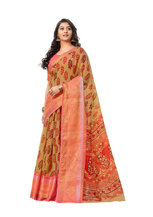 DRAVINAM Trends Women's Jacquard Cotton Linen Printed Border Saree with Blouse Piece