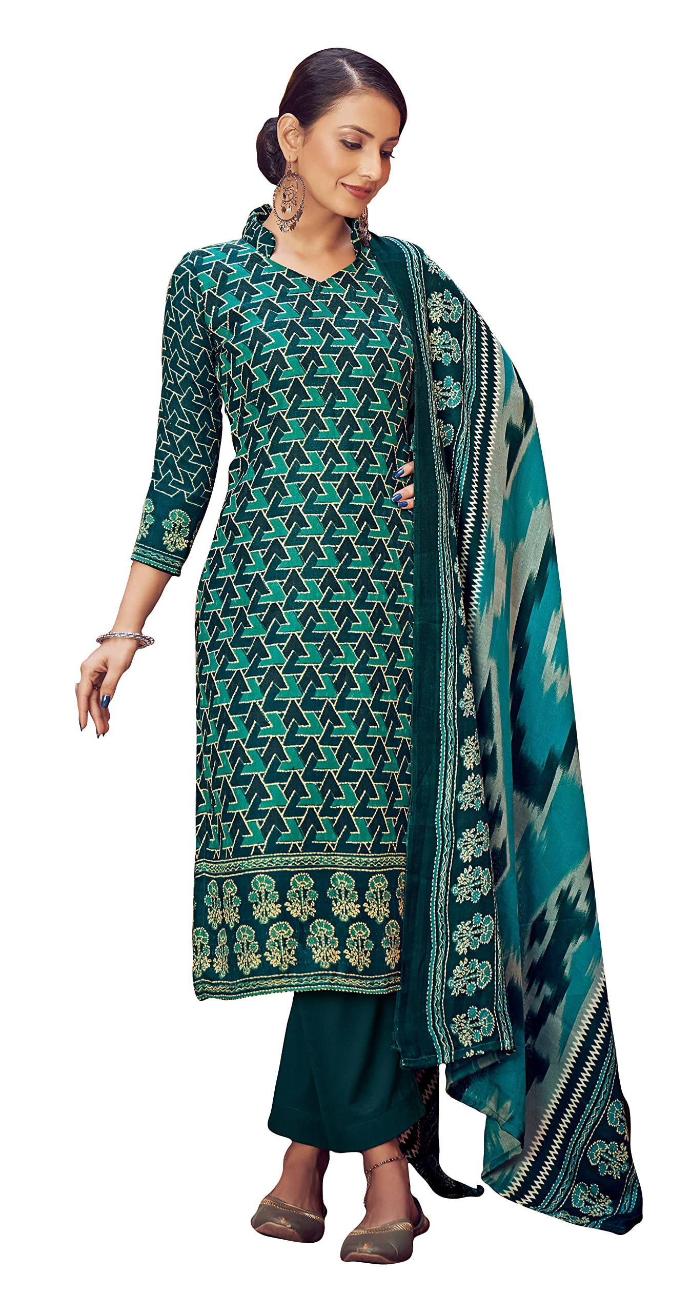 DRAVINAM Trends Women's Unstitched Printed Woolen salwar suit for women with Shawl dupatta (Blue)