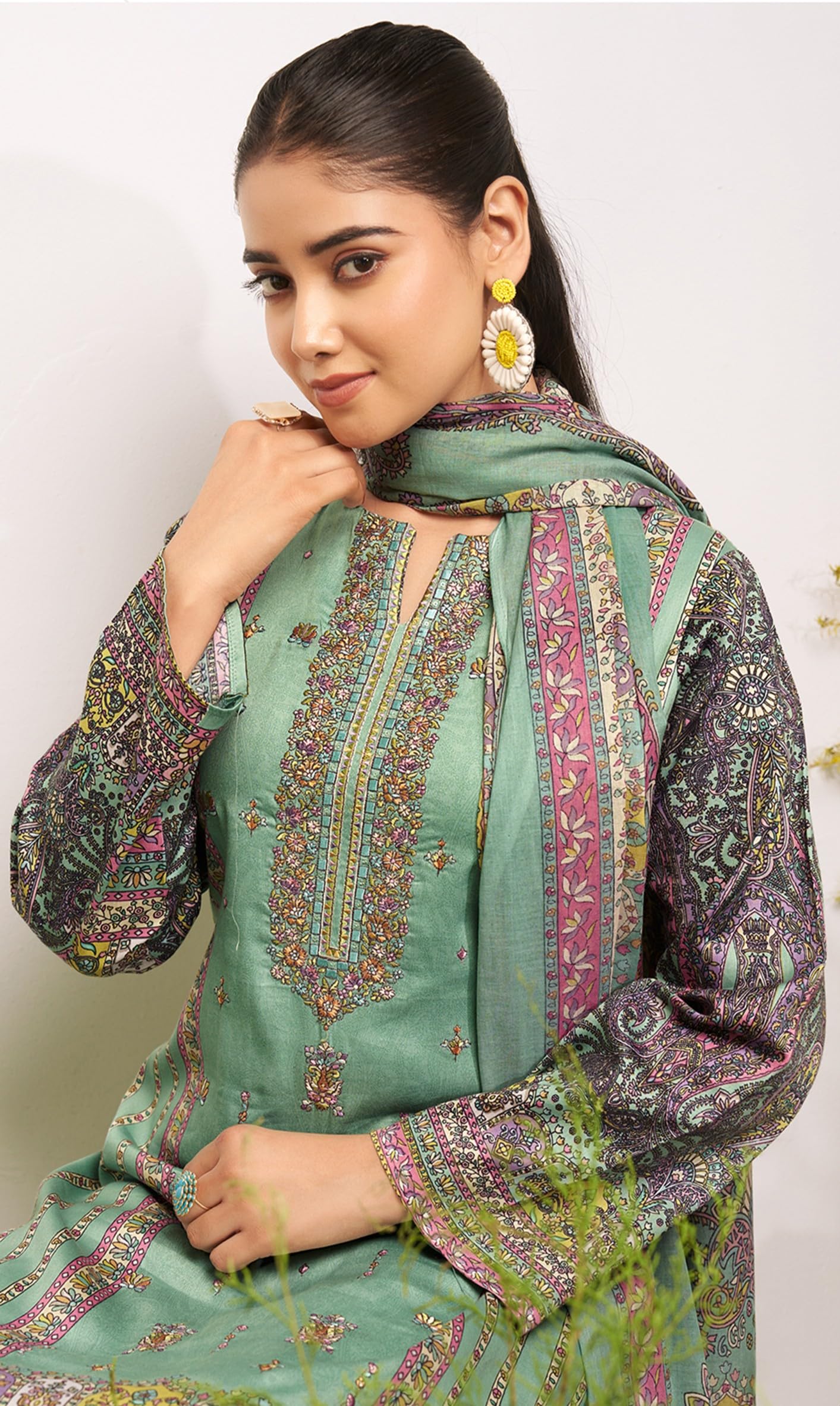 DRAVINAM Trends Women's Unstitched Cotton Salwar Suit Dress Material - Pure Jam Satin Digital Print Embroidered Kameez II Pure Cotton Bottoms II Lawn Cotton Dupatta