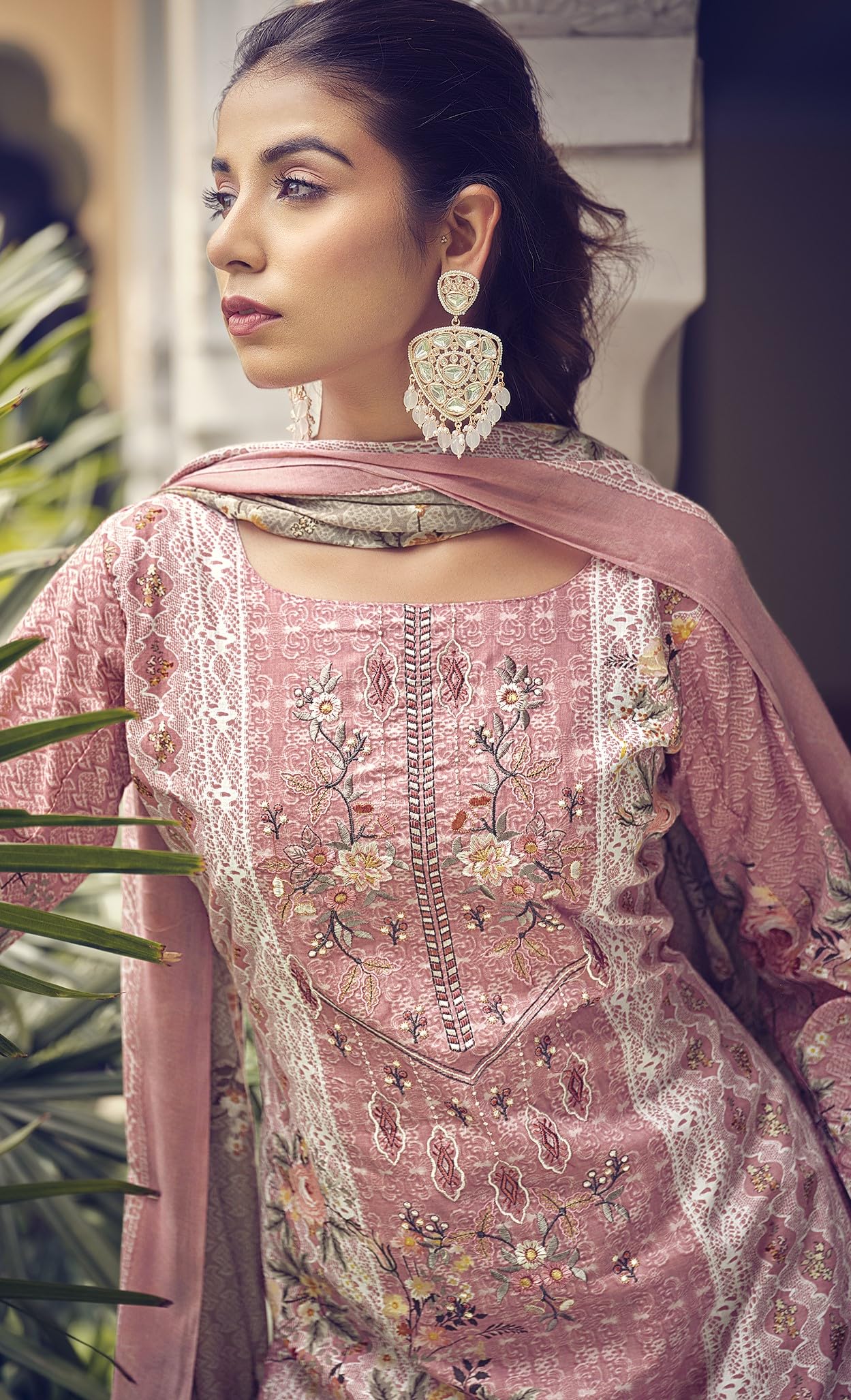 DRAVINAM Trends Unstitched Pakistani Print Embroidered Cotton Suit Dress Materials with Printed Cotton Dupatta