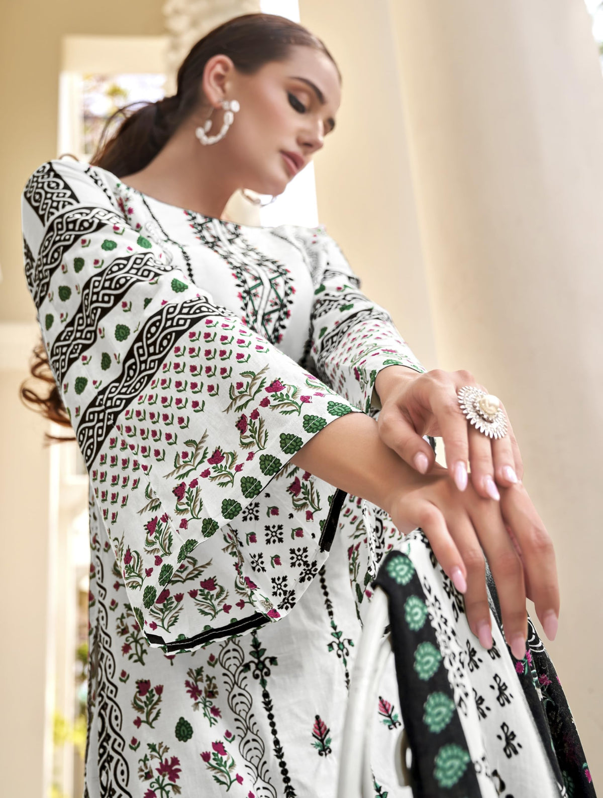 DRAVINAM Trends Women's Unstitched Pakistani Digital Print Embroidered Pure Cambric Cotton Salwar Suit Dress Materials with Cotton Printed Dupatta