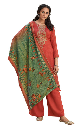 DRAVINAM Trends Women's Unstitched Pure Woven Wool Pashmina Embroidered Salwar Suit Dress Material with Digital Printed Velvet Four sided lace and Tassels Shawl Dupatta (Orange)