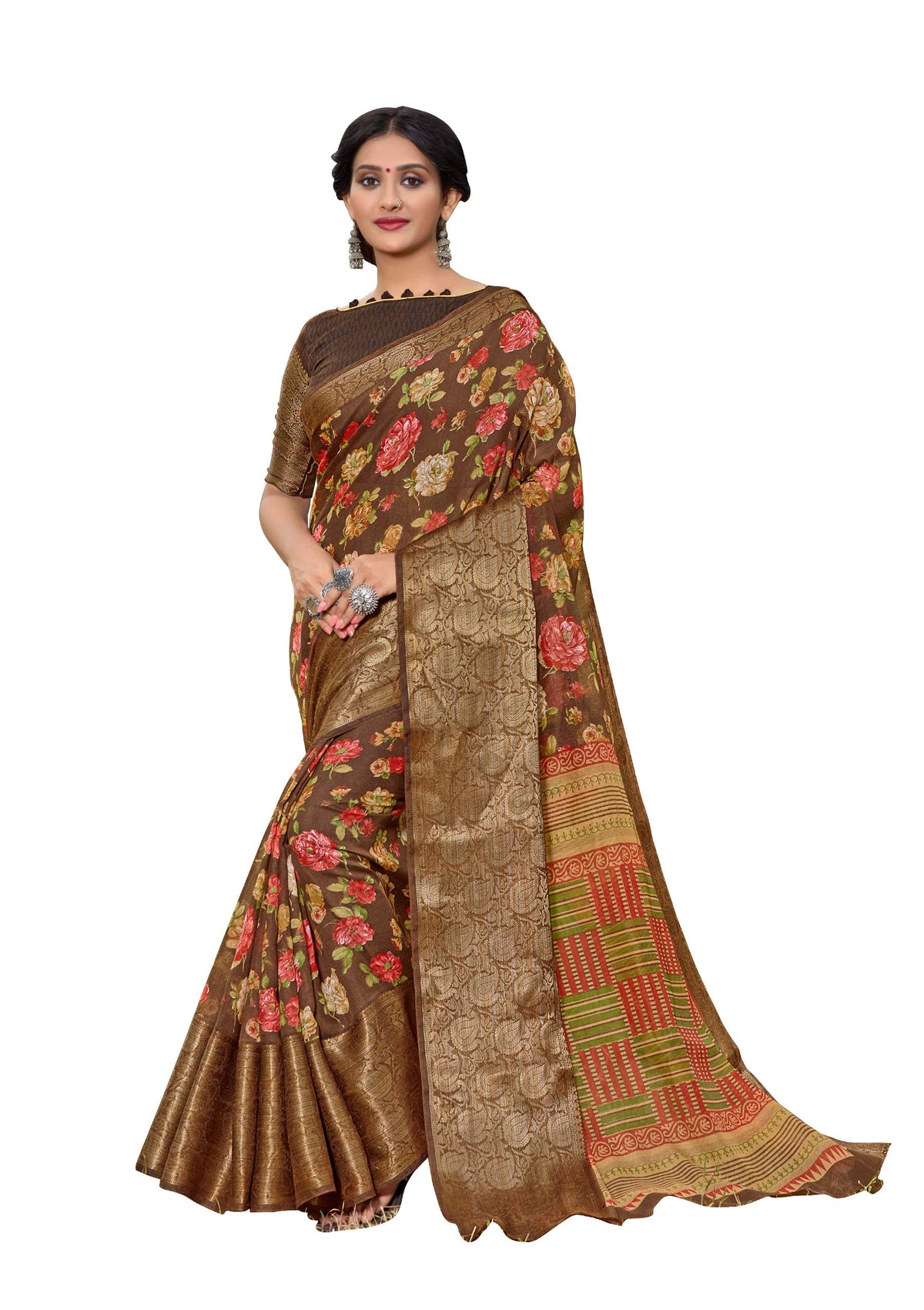 DRAVINAM Trends Women's Cotton Linen Jacquard Woven Broad Border Pattu Saree with Blouse Piece (Pattu SareeSRMN_42N_Brown)