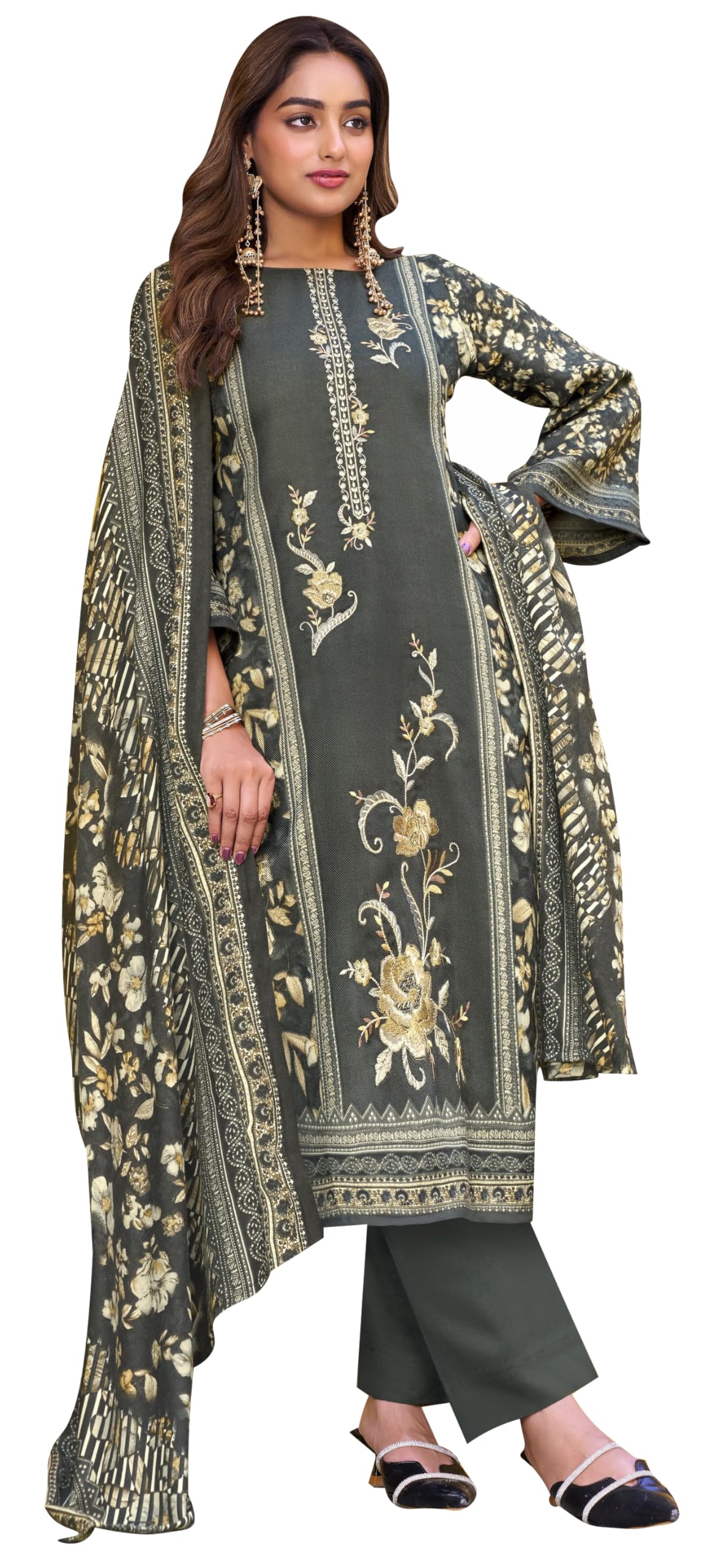 DRAVINAM Trends Women's Winter wear unstitched Printed Woollen Pashmina Embroidery Work Unstitched Salwar Suit Dress Material with Pashmina Printed Shawl Dupatta