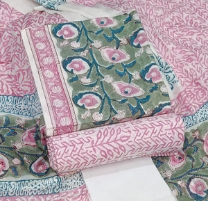 DRAVINAM Trends Hand Block Print Sanganeri Cambric Unstitched Cotton Suit Dress Material for Women with Mulmul Cotton Hand Printed Dupatta