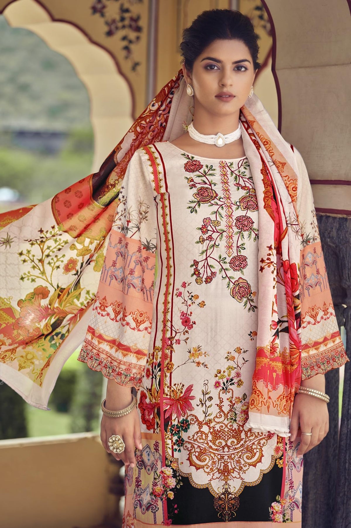 DRAVINAM Trends Unstitched Suit Material II Jam Cotton Pakistani Digital Printed Neck and Daman Embroidered Swaroski Work Kameez II Unstitched Bottoms II Cotton Maslin Dupatta