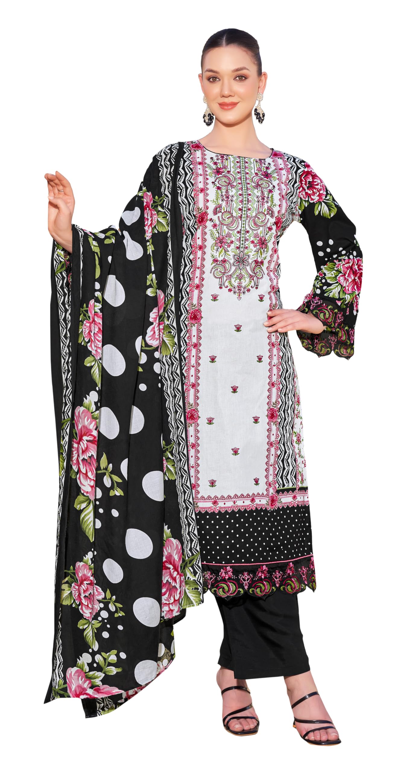 DRAVINAM Trends Women's Unstitched Salwar Suit Dress Material - Pure Cambric Cotton Pakistani Print Embroidered Kameez II Pure Cotton Bottoms II Pure Cotton Dupatta