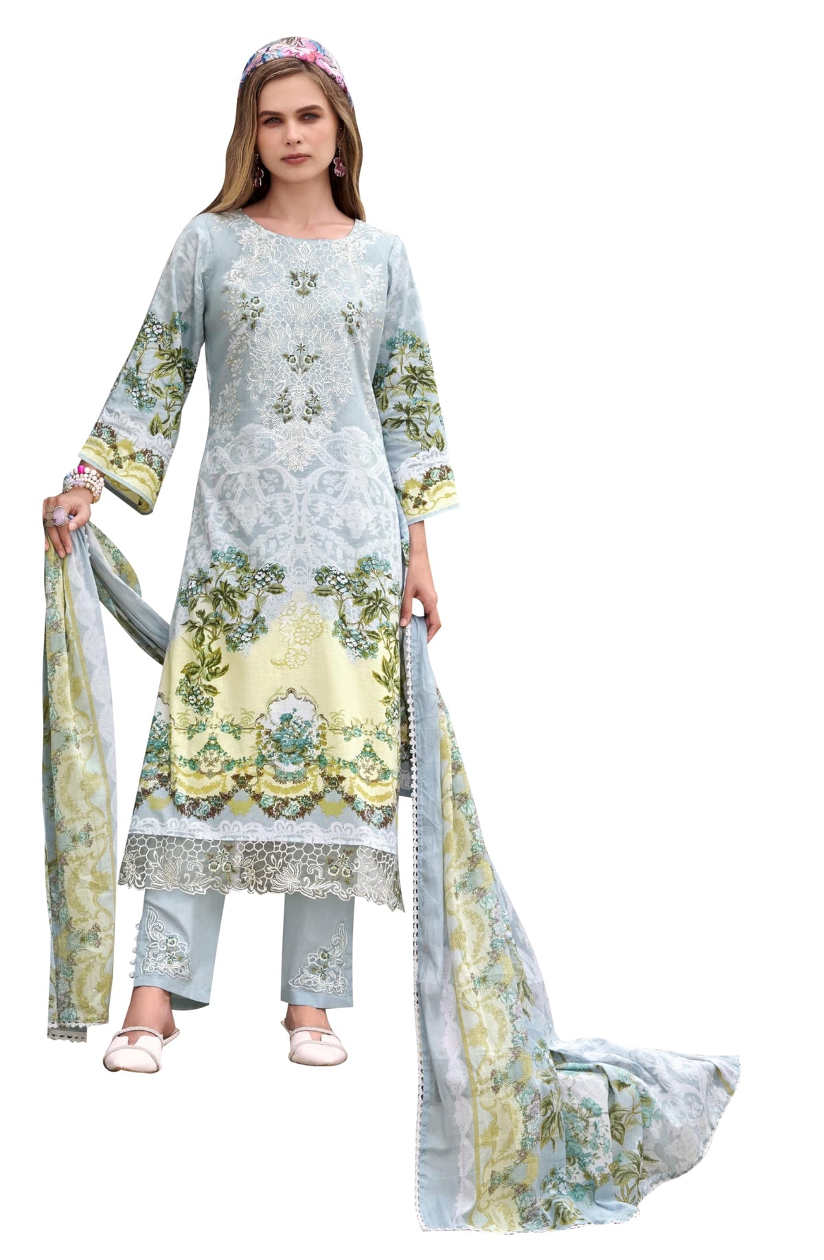 DRAVINAM Trends Women's Unstitched Salwar Suit Dress Material - Cotton Digital Printed Organza Embroidered Kameez II Unstitch Bottoms II Cotton Dupatta