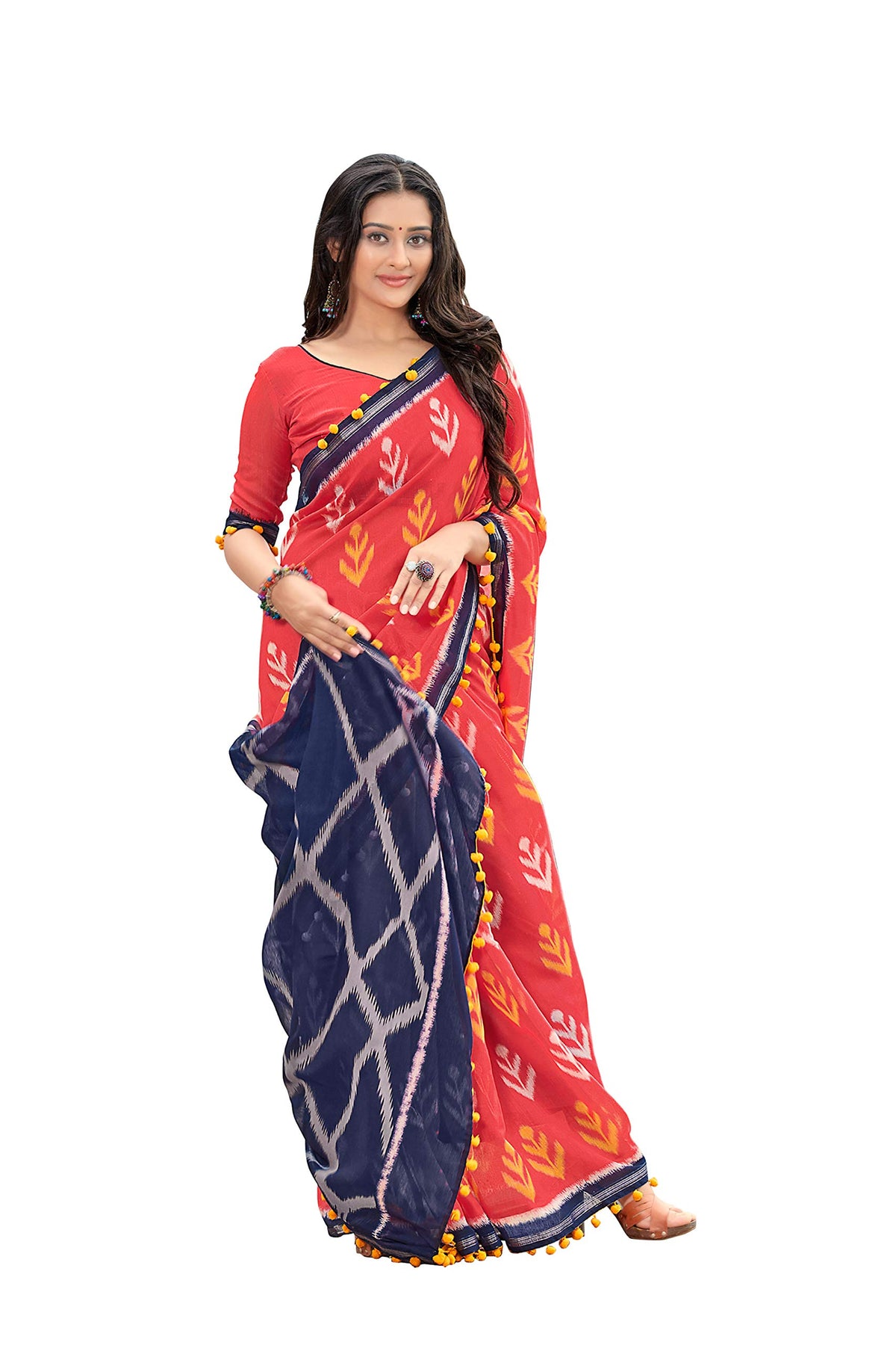 DRAVINAM Trends Women's Cotton Printed Saree with Pum Pum Lace and Blouse Piece (Red)