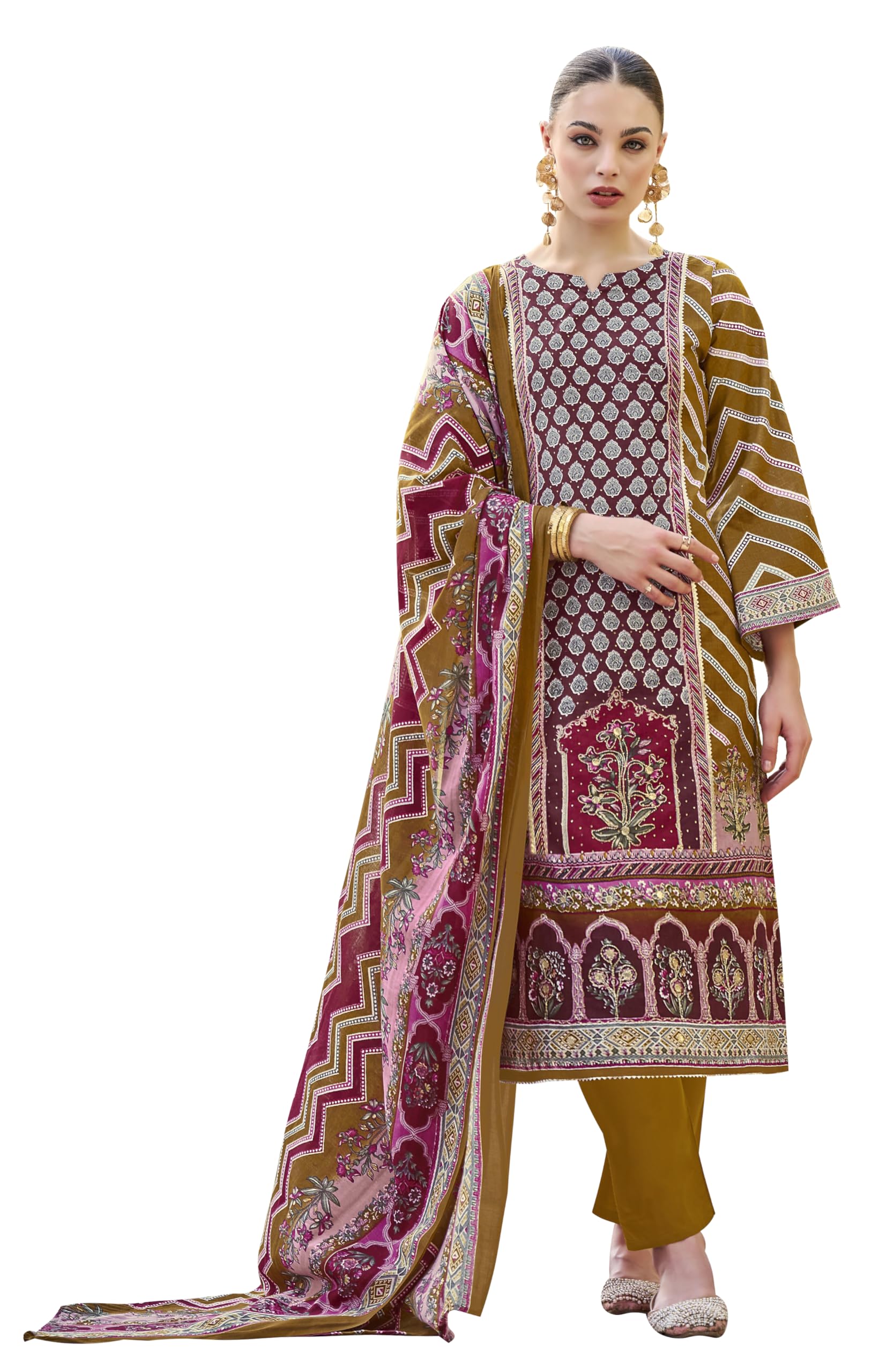 DRAVINAM Trends Kurti 2.50 mtrs, Pure Cotton (3 mtrs apx), Pure MAL MAL Cotton Dupatta Print (2.30|Mustard Yellow