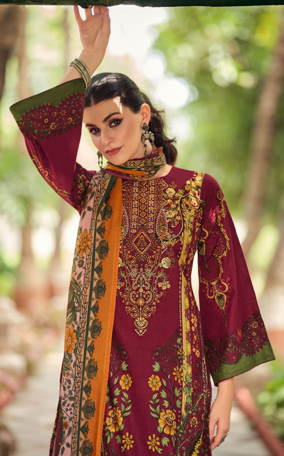 DRAVINAM Trends Lawn Cotton Pakistani Embroidered Suit Dress Material with Unstitched Bottoms and Cotton Dupatta