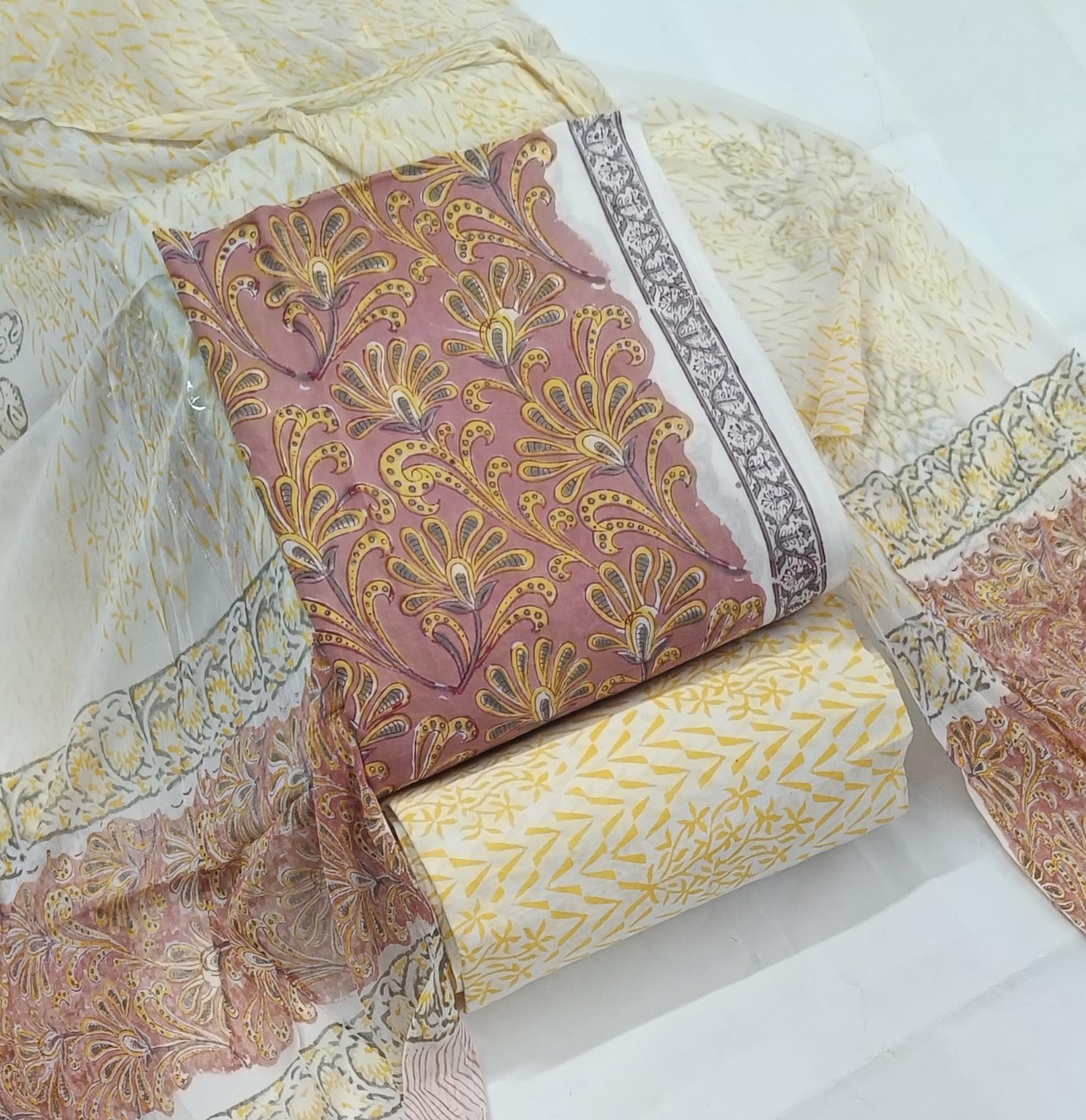 DRAVINAM Trends Hand Block Print Cambric Cotton Unstitched Salwar Suit Set for Women with Pure Chiffon Hand Printed Dupatta
