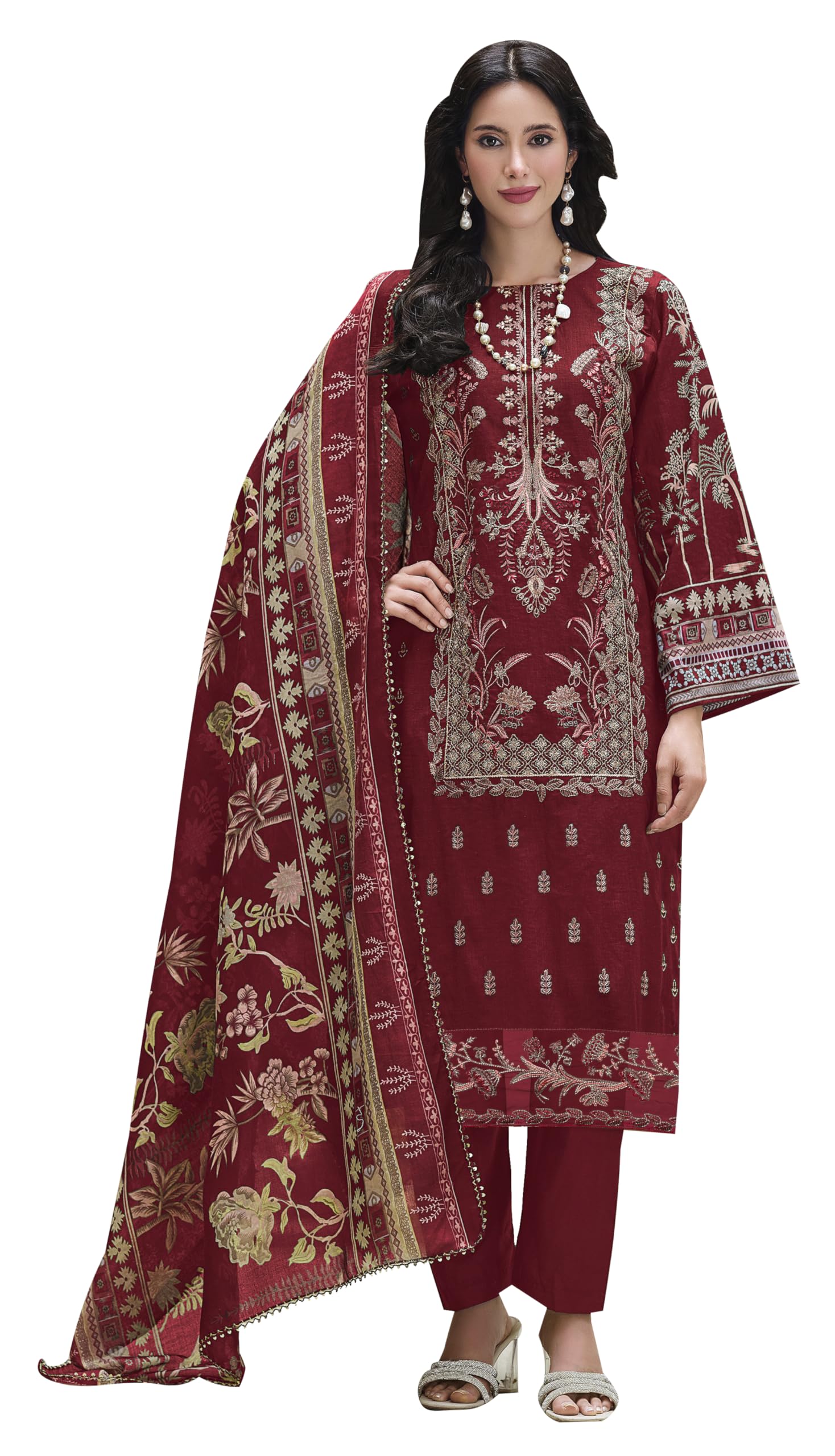 DRAVINAM Trends Women's Unstitched Cotton Salwar Suit Dress Material - Pure Cotton Heavy Embroidered Kameez II Unstitch Bottoms II Mal Mal Dupatta