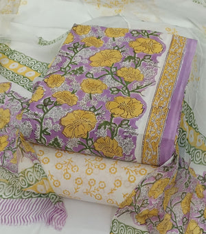 DRAVINAM Trends Hand Block Print Pure Cambric Cotton Unstitched Suit Material with Chiffon Hand Printed Dupatta