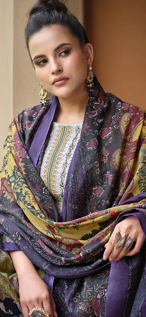 DRAVINAM Trends Unstitched Pakistani Print Embroidered Cotton Salwar Suit Dress Materials with Cotton Printed Dupatta (Beige)